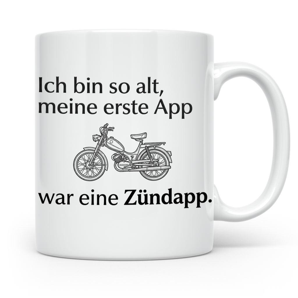 Zündapp Tasse mit Spruch 'Meine erste App' für Mofa Fahrer,  – Weiß [farbe:weiß]