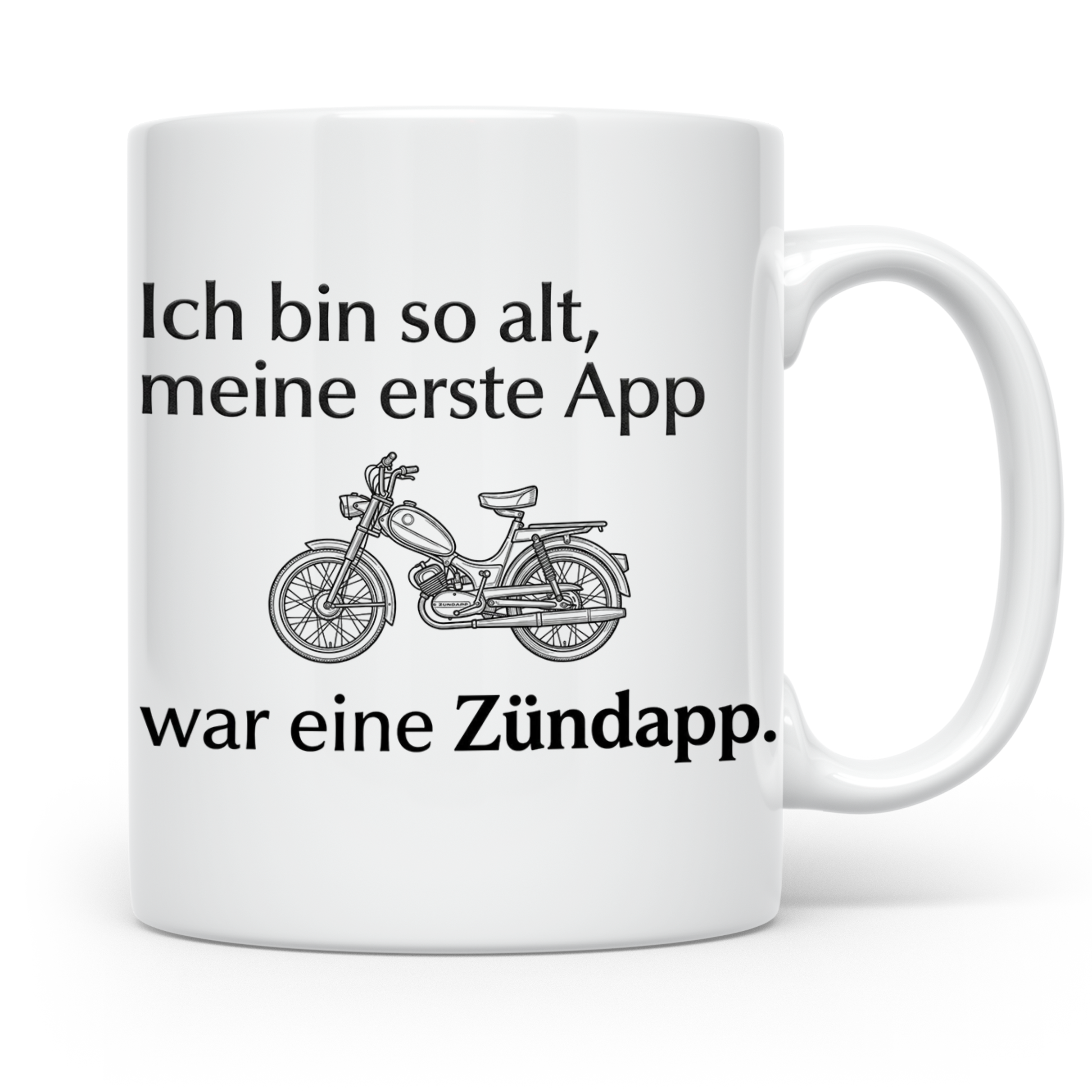 Zündapp Tasse mit Spruch 'Meine erste App' für Mofa Fahrer,  – Weiß [farbe:weiß]