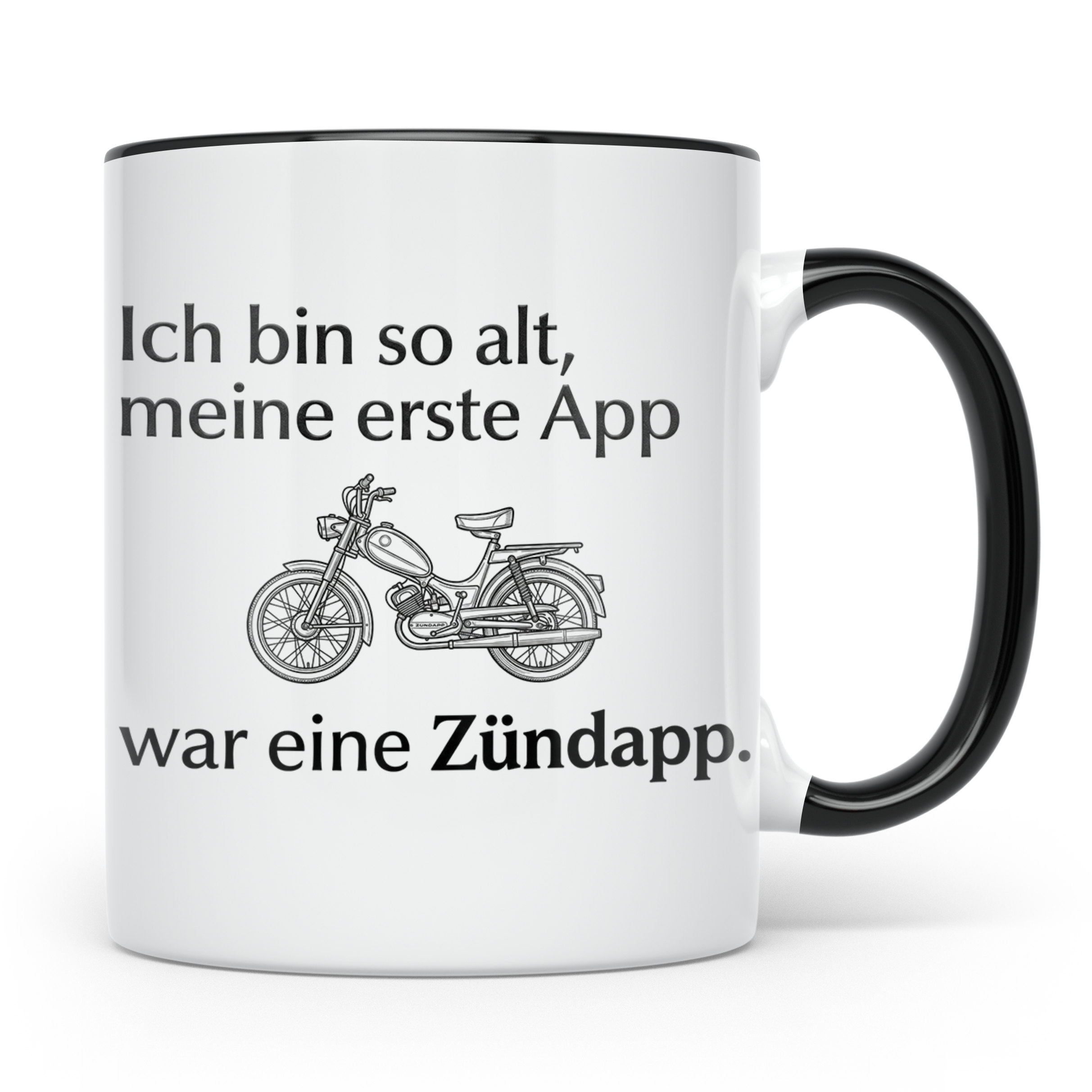 Zündapp Tasse mit Spruch 'Meine erste App' für Mofa Fahrer,  – Schwarz [farbe:schwarz]