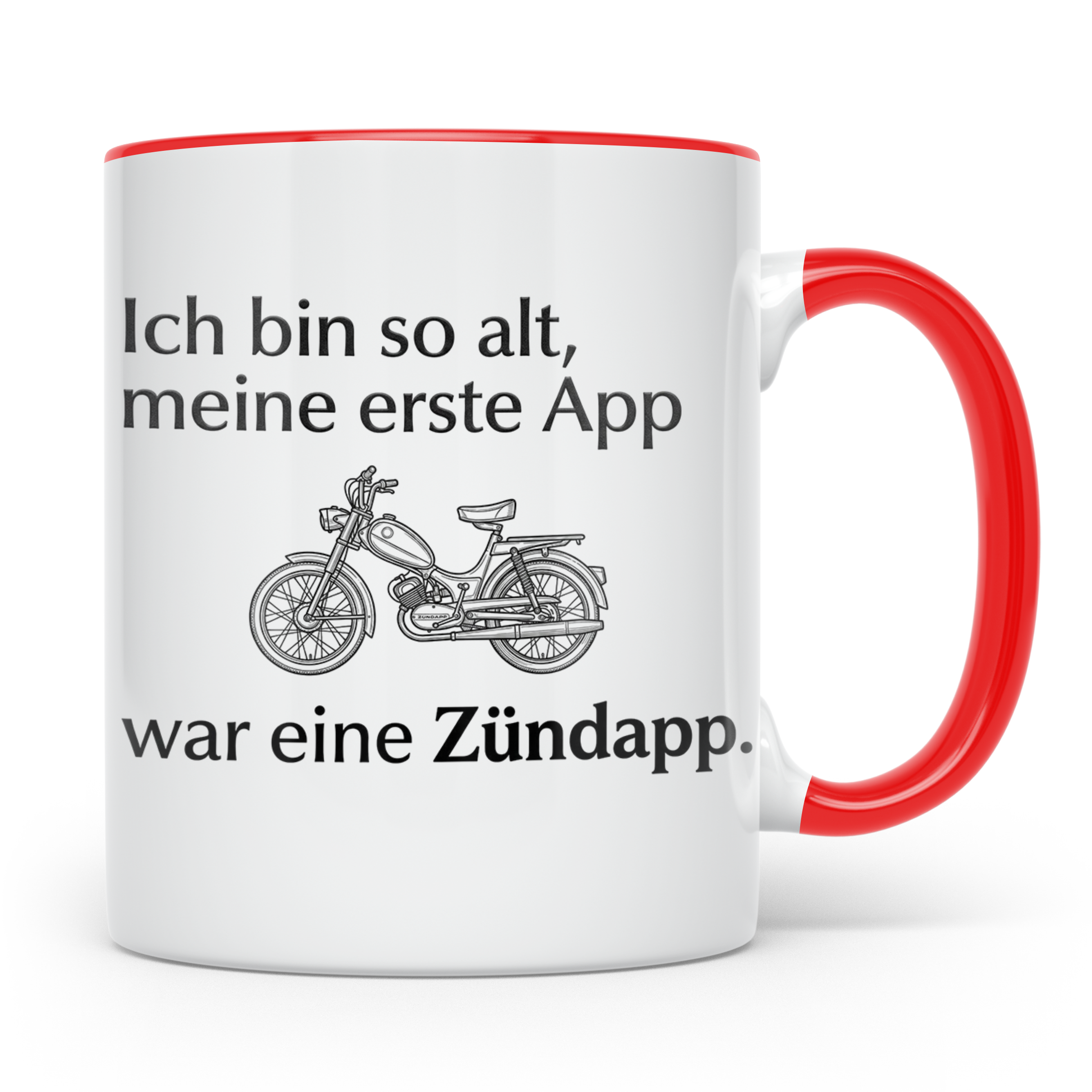 Zündapp Tasse mit Spruch 'Meine erste App' für Mofa Fahrer,  – Rot [farbe:rot]