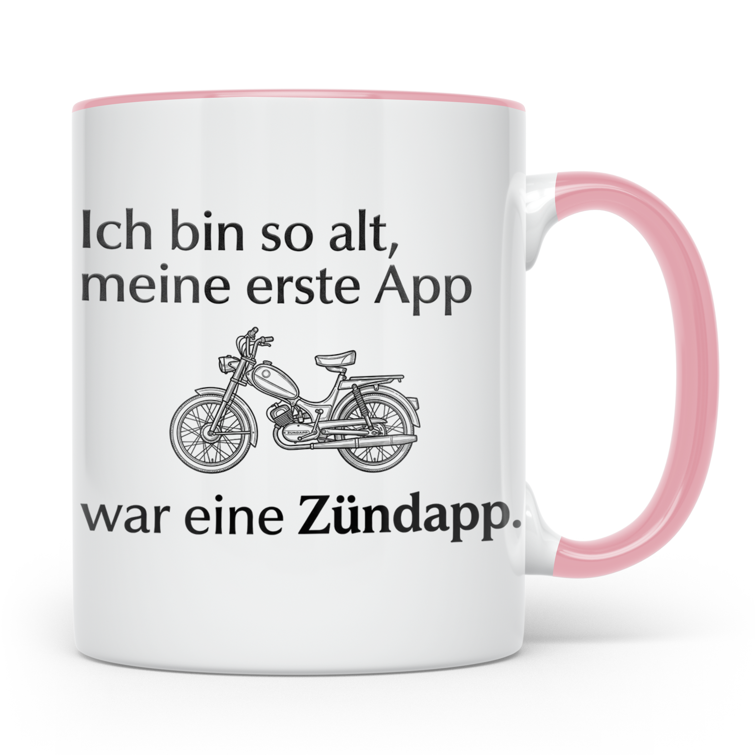 Zündapp Tasse mit Spruch 'Meine erste App' für Mofa Fahrer,  – Rosa [farbe:rosa]