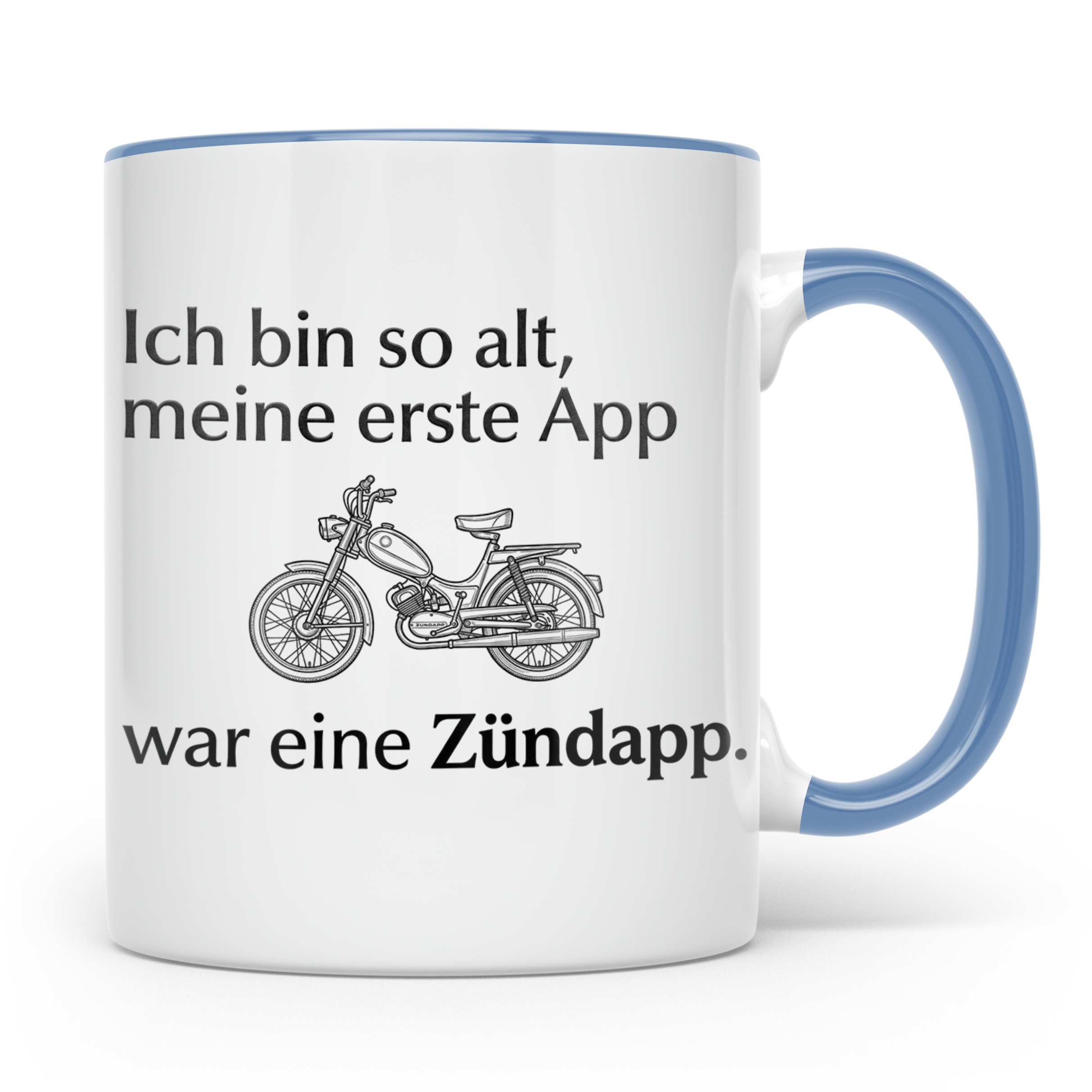 Zündapp Tasse mit Spruch 'Meine erste App' für Mofa Fahrer,  – Blau [farbe:blau]