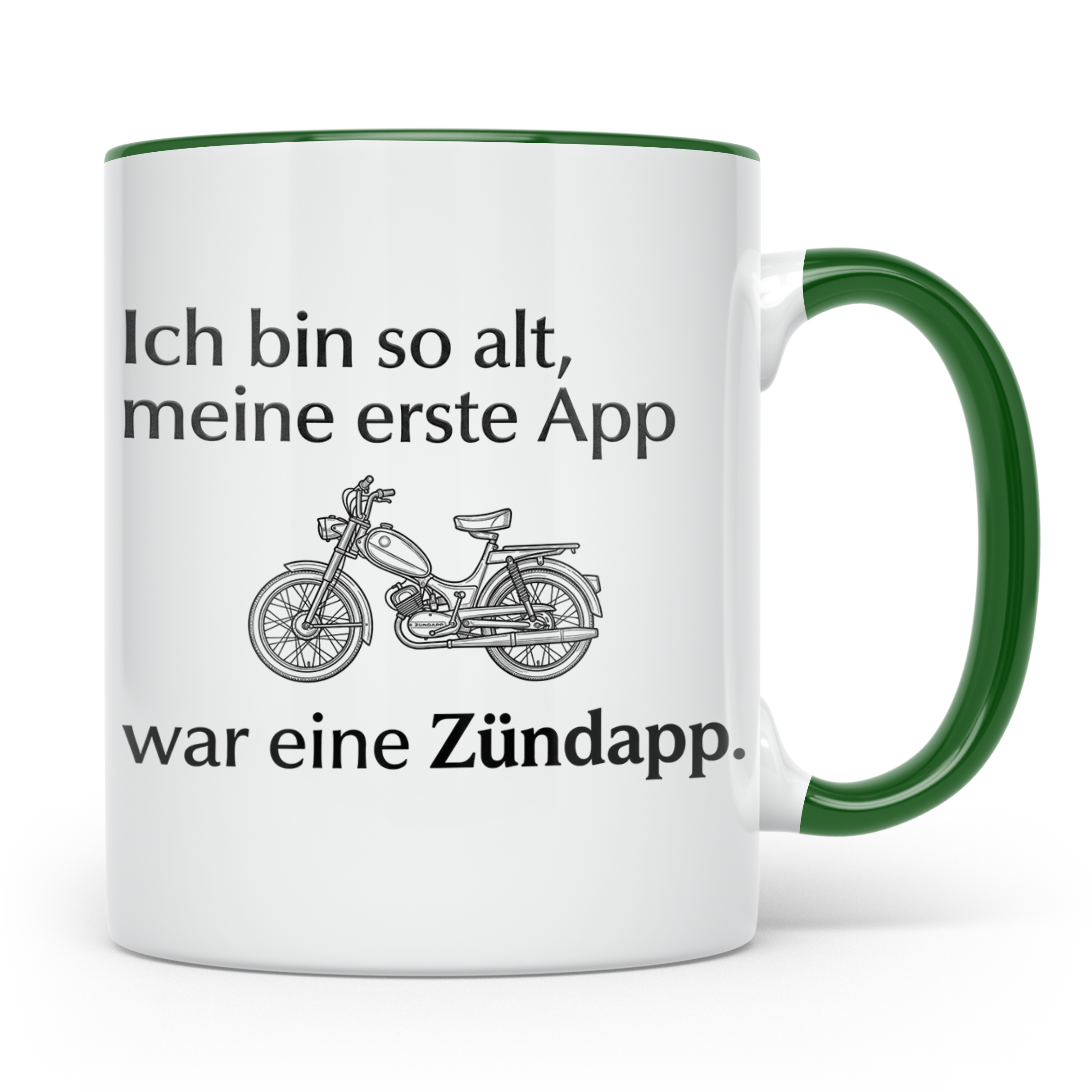 Zündapp Tasse mit Spruch 'Meine erste App' für Mofa Fahrer,  – Grün [farbe:grün]