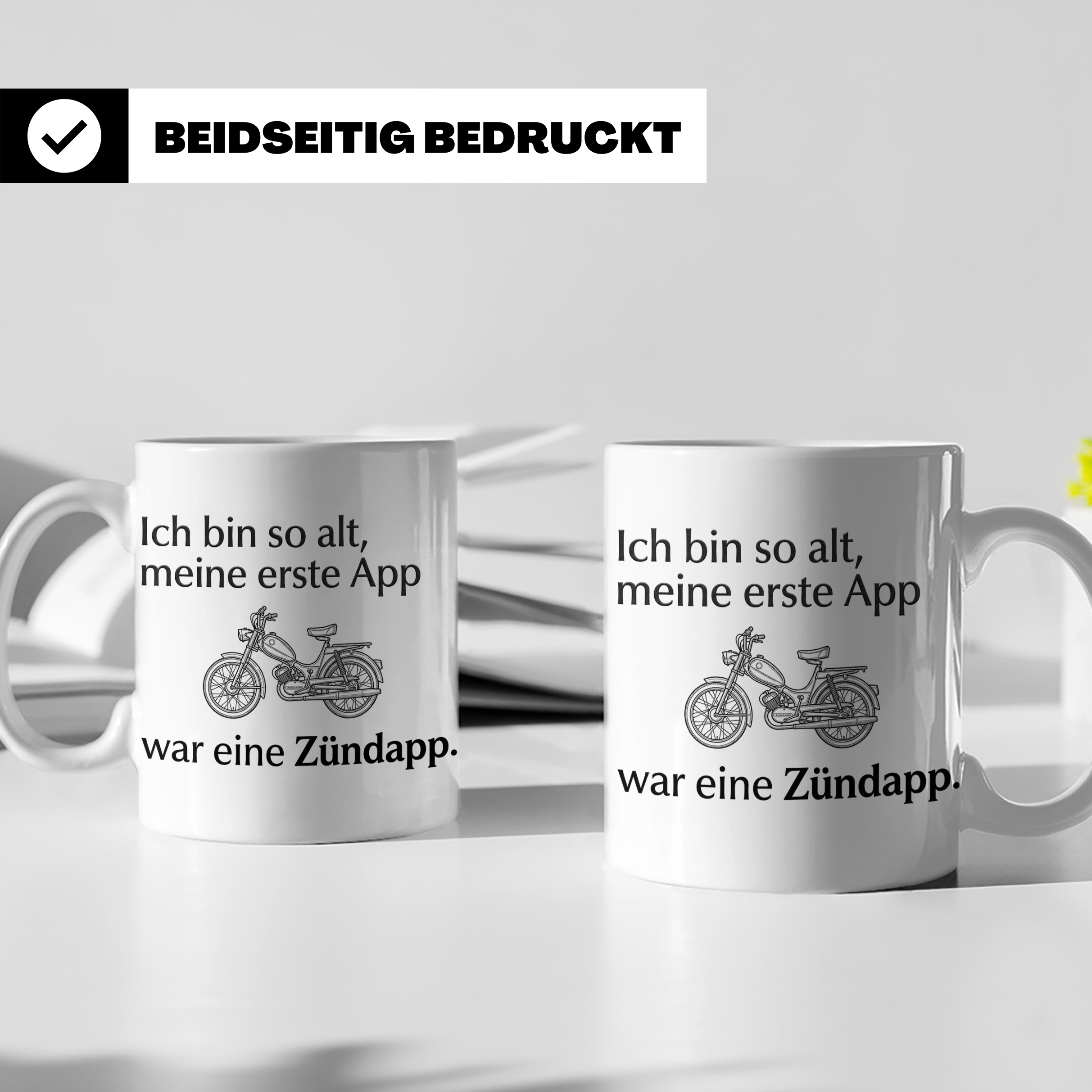 Zündapp Tasse mit Spruch 'Meine erste App' für Mofa Fahrer,  – Weiß [farbe:weiß]