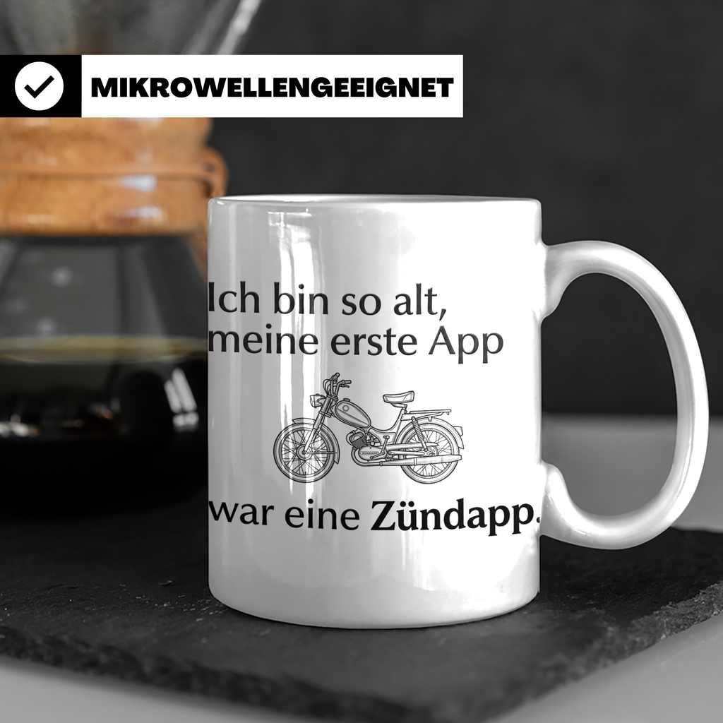 Zündapp Tasse mit Spruch 'Meine erste App' für Mofa Fahrer,  – Weiß [farbe:weiß]