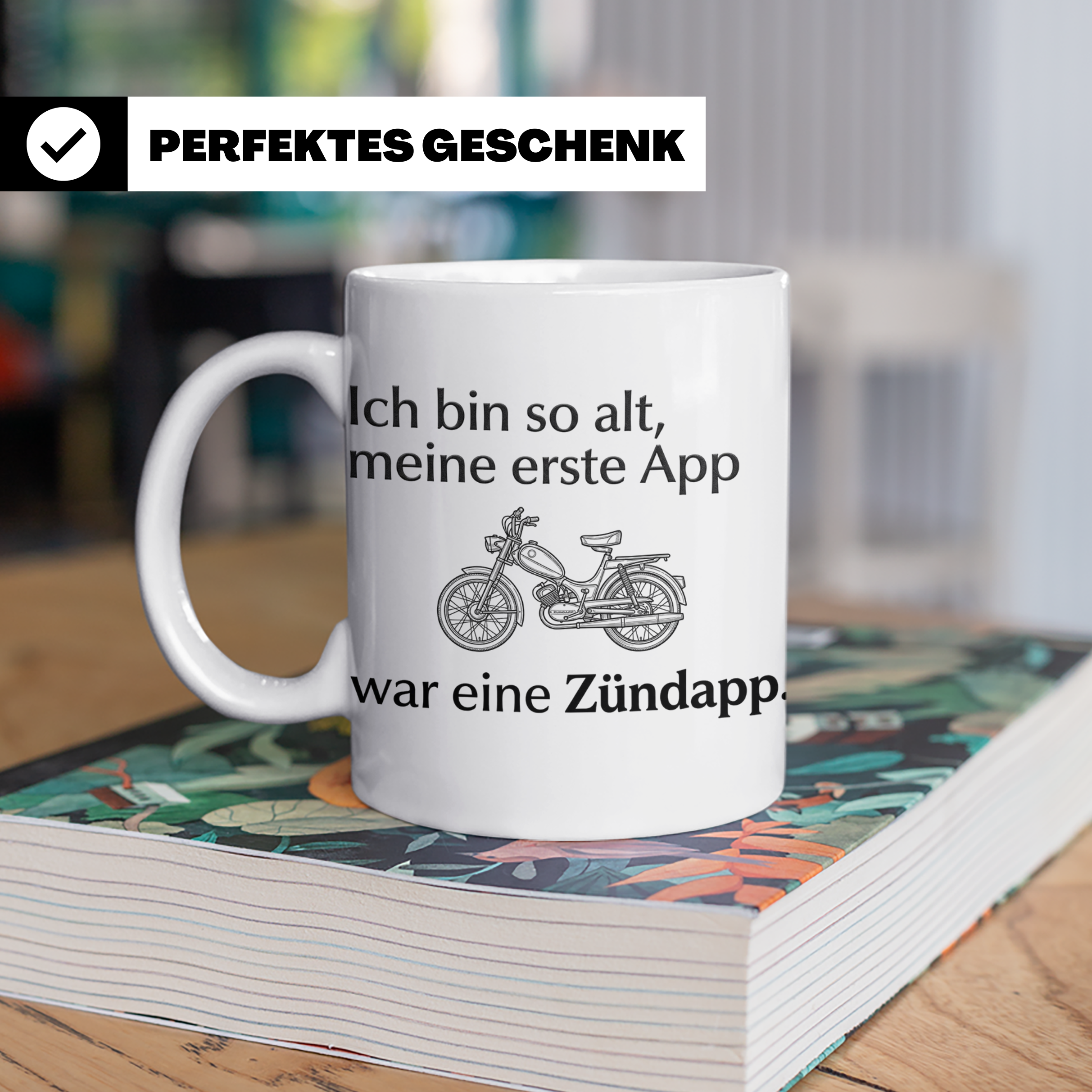 Zündapp Tasse mit Spruch 'Meine erste App' für Mofa Fahrer,  – Weiß [farbe:weiß]