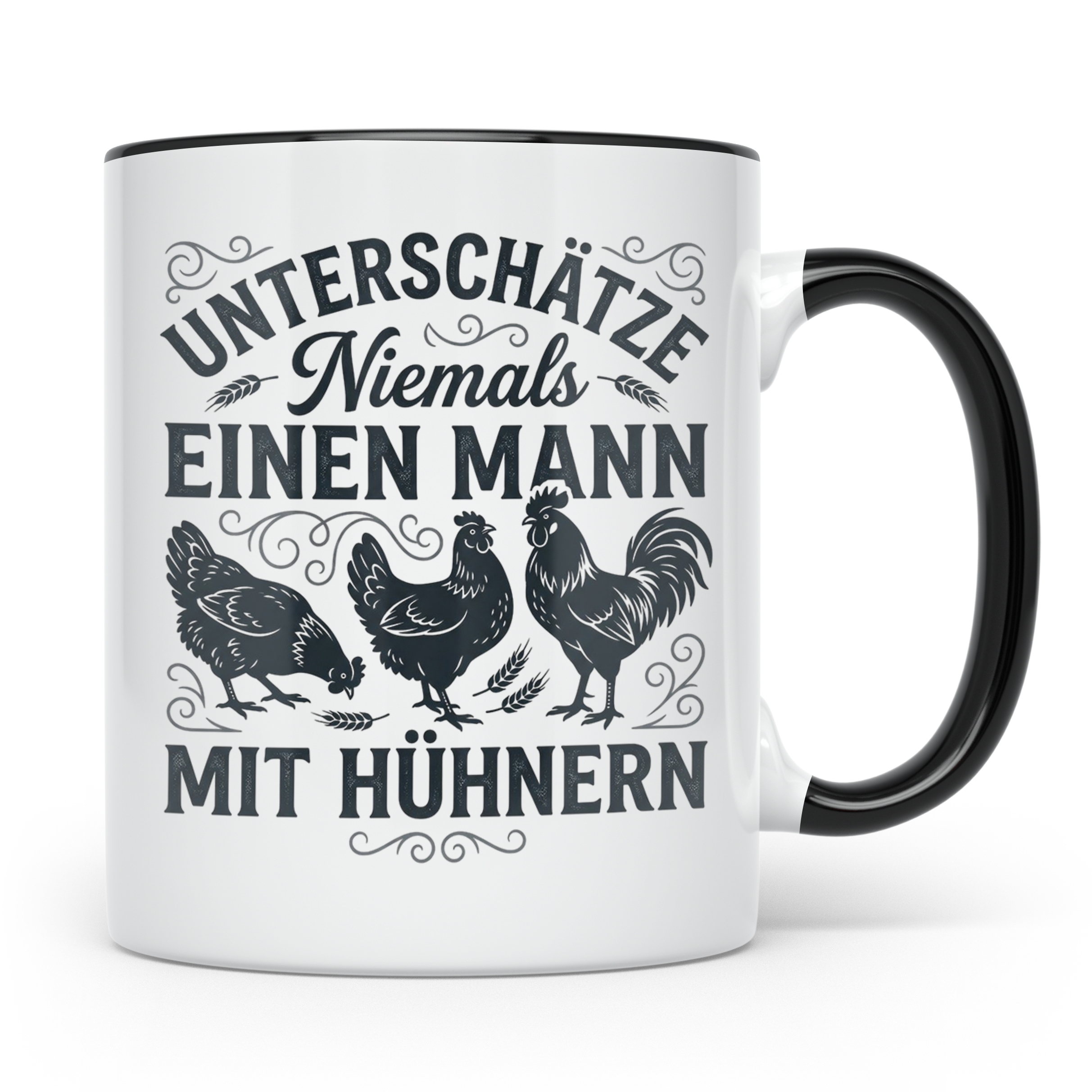 Mann mit Hühnern Tasse für Hühnerhalter Landwirt Bauer, Lust – Schwarz [farbe:schwarz]