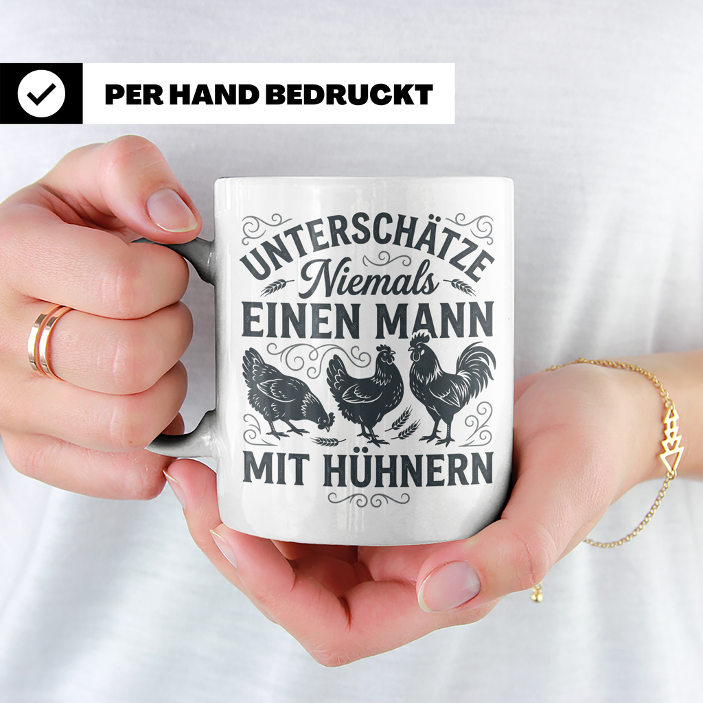 Mann mit Hühnern Tasse für Hühnerhalter Landwirt Bauer, Lust – Weiß [farbe:weiß]