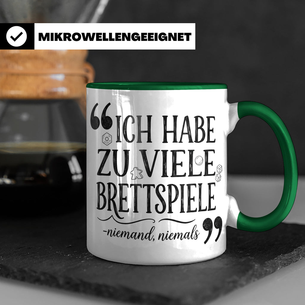 Brettspiel Tasse mit Spruch 'Ich habe zu viele Brettspiele', – Grün [farbe:grün]