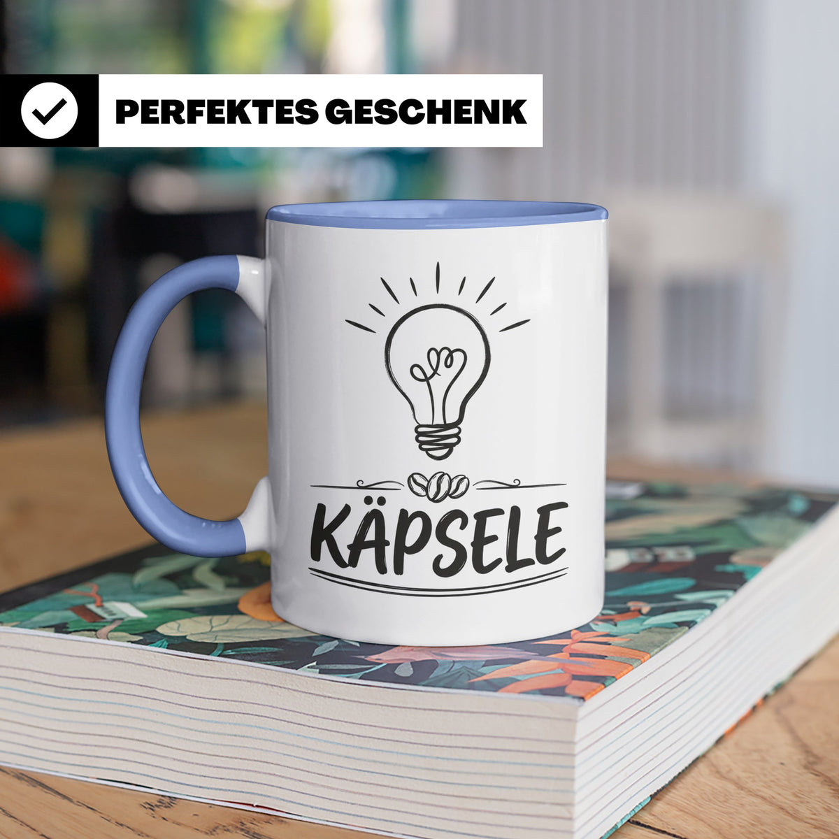 Käpsele Tasse schwäbischer Spruch für schlaue Köpfe & Genies – Blau [farbe:blau]