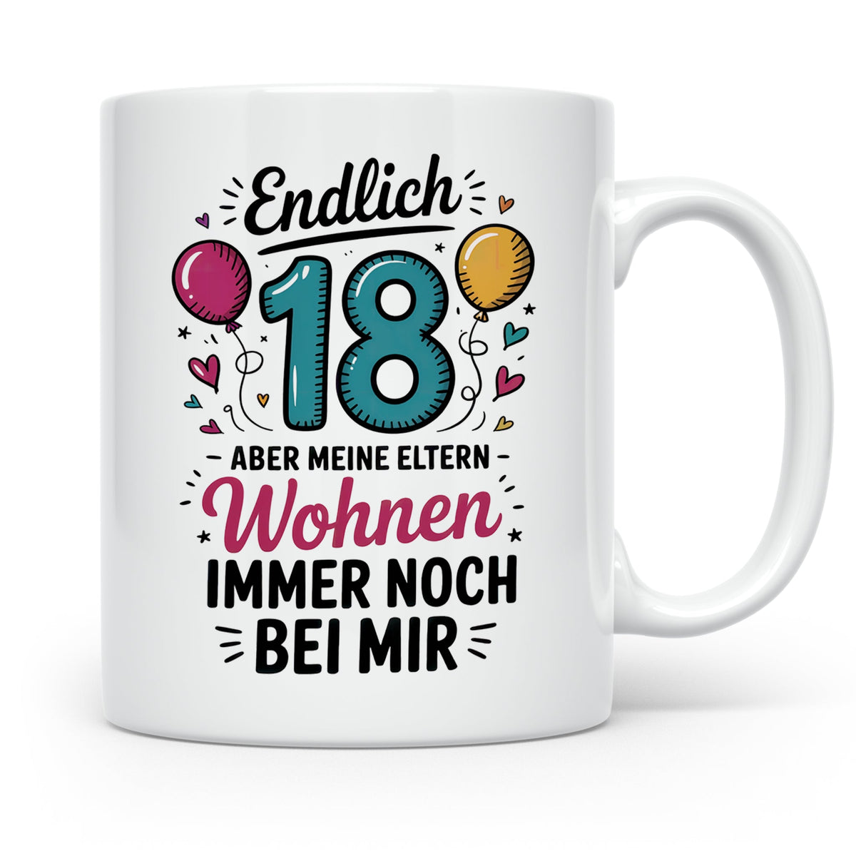 Endlich 18 Geburtstag Tasse Eltern wohnen bei mir Geschenkidee Achtzehnter Volljährigkeit Lustige Spruch Geschenk Teenager Tochter Sohn Part