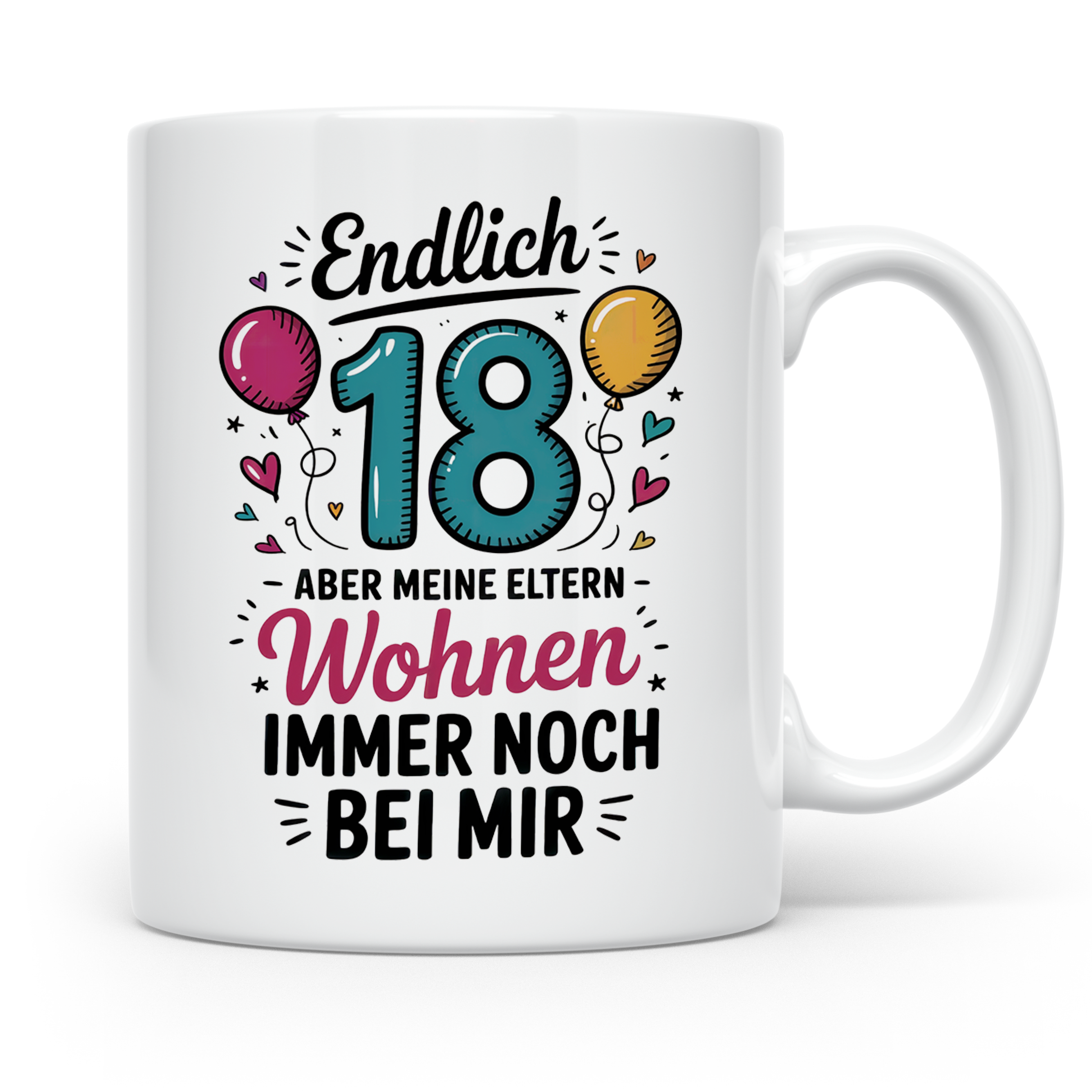 Endlich 18 Geburtstag Tasse Eltern wohnen bei mir Geschenkidee Achtzehnter Volljährigkeit Lustige Spruch Geschenk Teenager Tochter Sohn Part