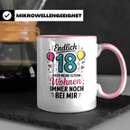 Endlich 18 Geburtstag Tasse Eltern wohnen bei mir Geschenkidee Achtzehnter Volljährigkeit Lustige Spruch Geschenk Teenager Tochter Sohn Part