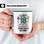 Endlich 18 Geburtstag Tasse Eltern wohnen bei mir Geschenkidee Achtzehnter Volljährigkeit Lustige Spruch Geschenk Teenager Tochter Sohn Part