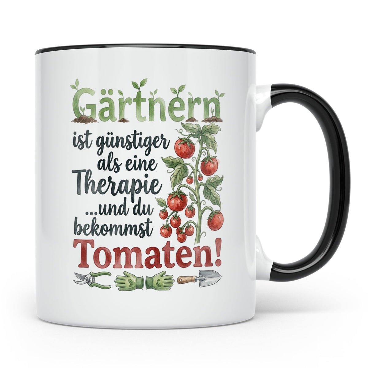 Gärtner Tasse mit Tomaten Spruch Gärtnern günstiger als Ther – Schwarz [farbe:schwarz]