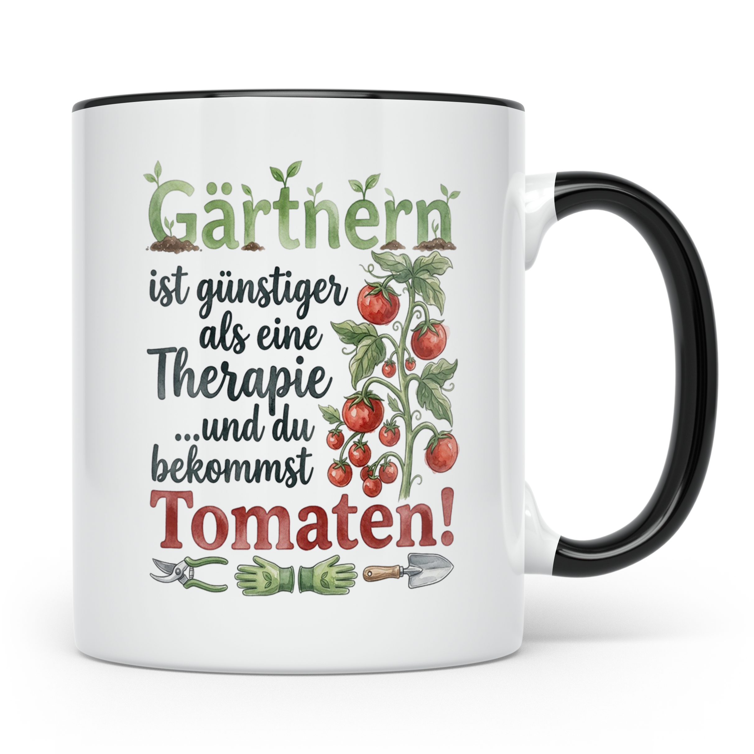 Gärtner Tasse mit Tomaten Spruch Gärtnern günstiger als Ther – Schwarz [farbe:schwarz]