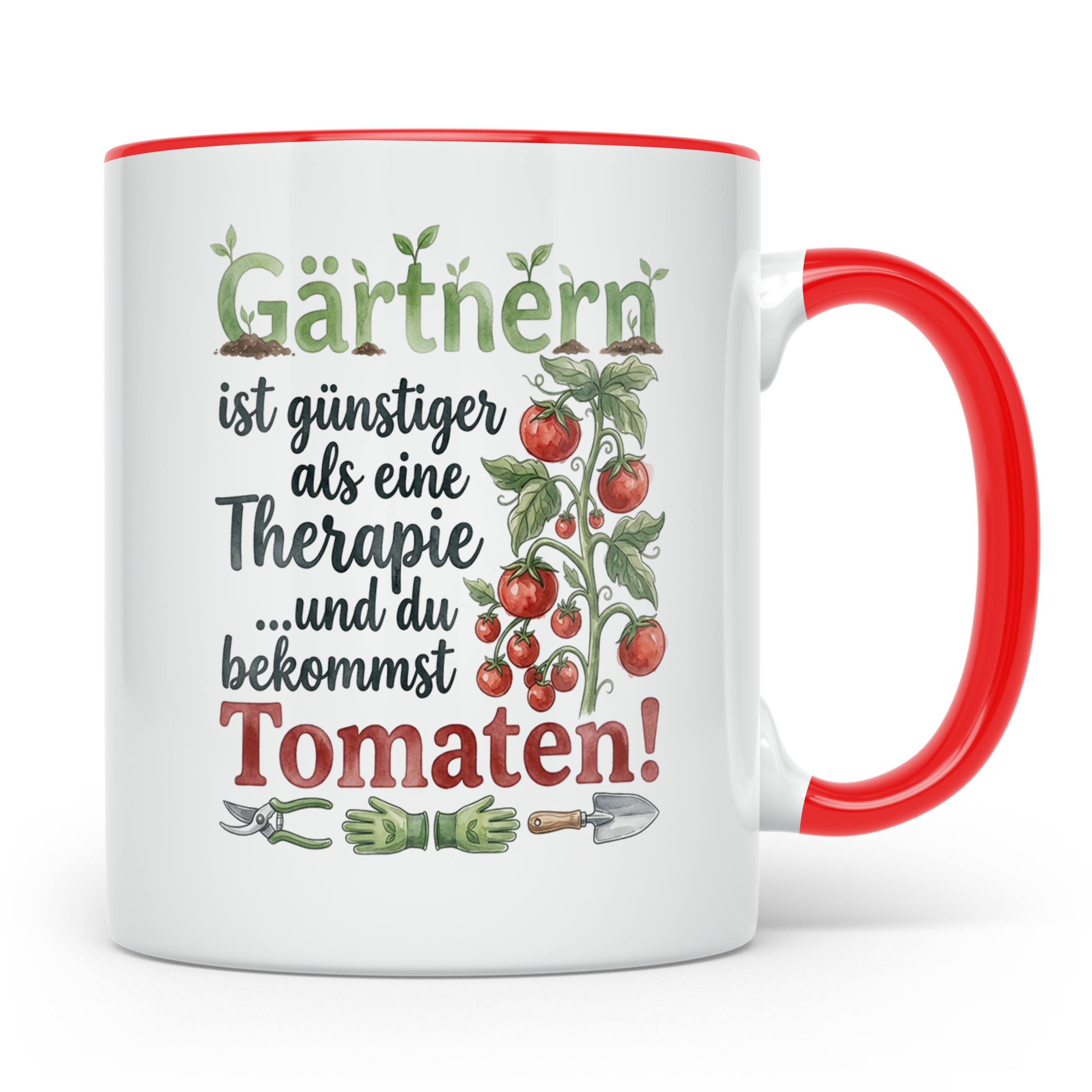 Gärtner Tasse mit Tomaten Spruch Gärtnern günstiger als Ther – Rot [farbe:rot]