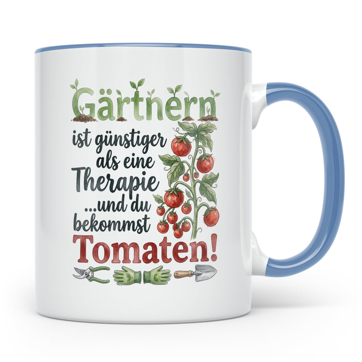 Gärtner Tasse mit Tomaten Spruch Gärtnern günstiger als Ther – Blau [farbe:blau]