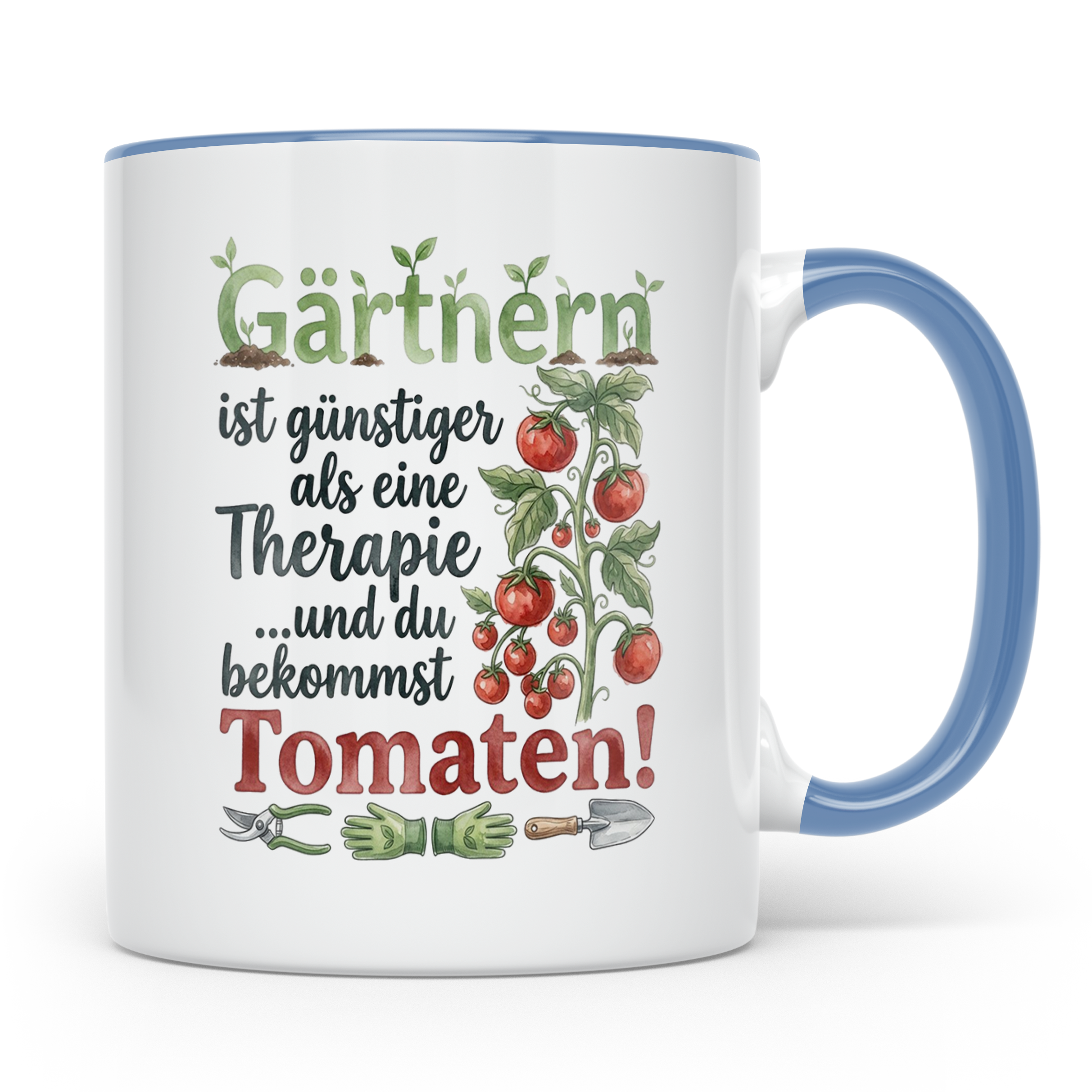 Gärtner Tasse mit Tomaten Spruch Gärtnern günstiger als Ther – Blau [farbe:blau]