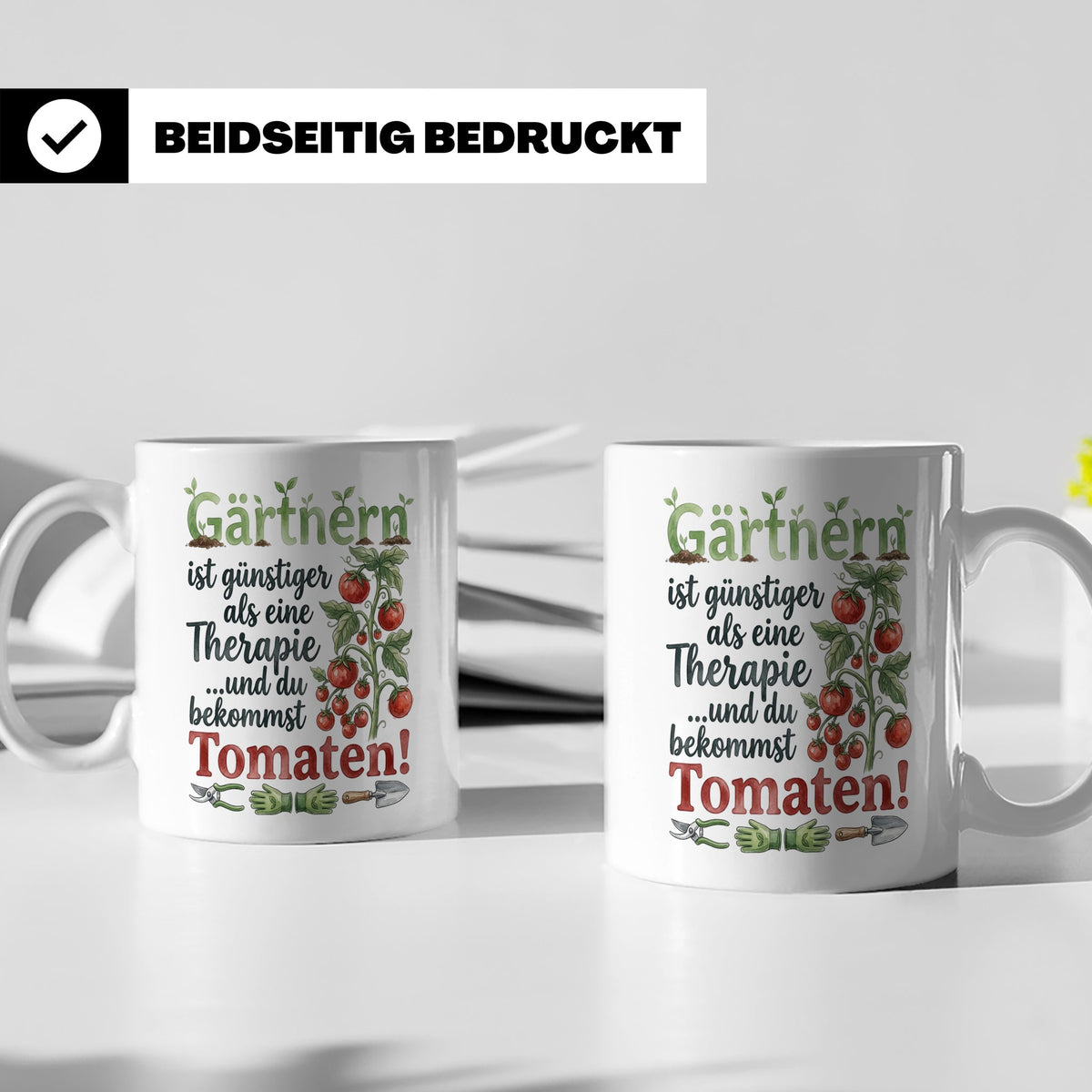 Gärtner Tasse mit Tomaten Spruch Gärtnern günstiger als Ther – Weiß [farbe:weiß]