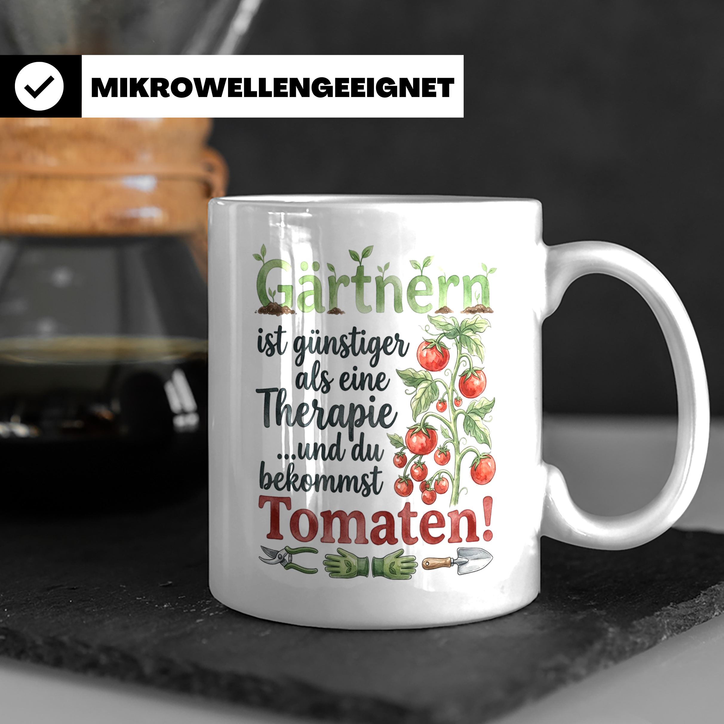 Gärtner Tasse mit Tomaten Spruch Gärtnern günstiger als Ther – Weiß [farbe:weiß]