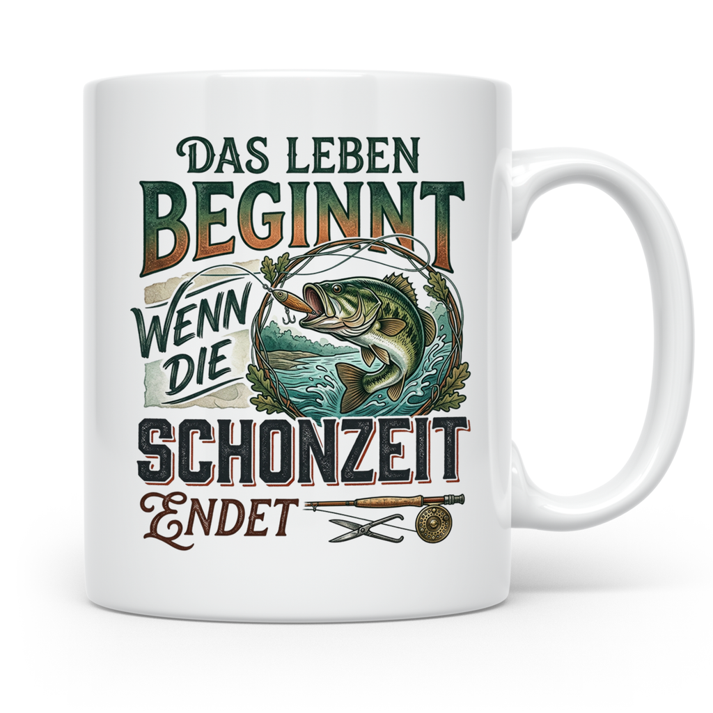 Angler Tasse Das Leben beginnt wenn Schonzeit endet | Fische – Weiß [farbe:weiß]
