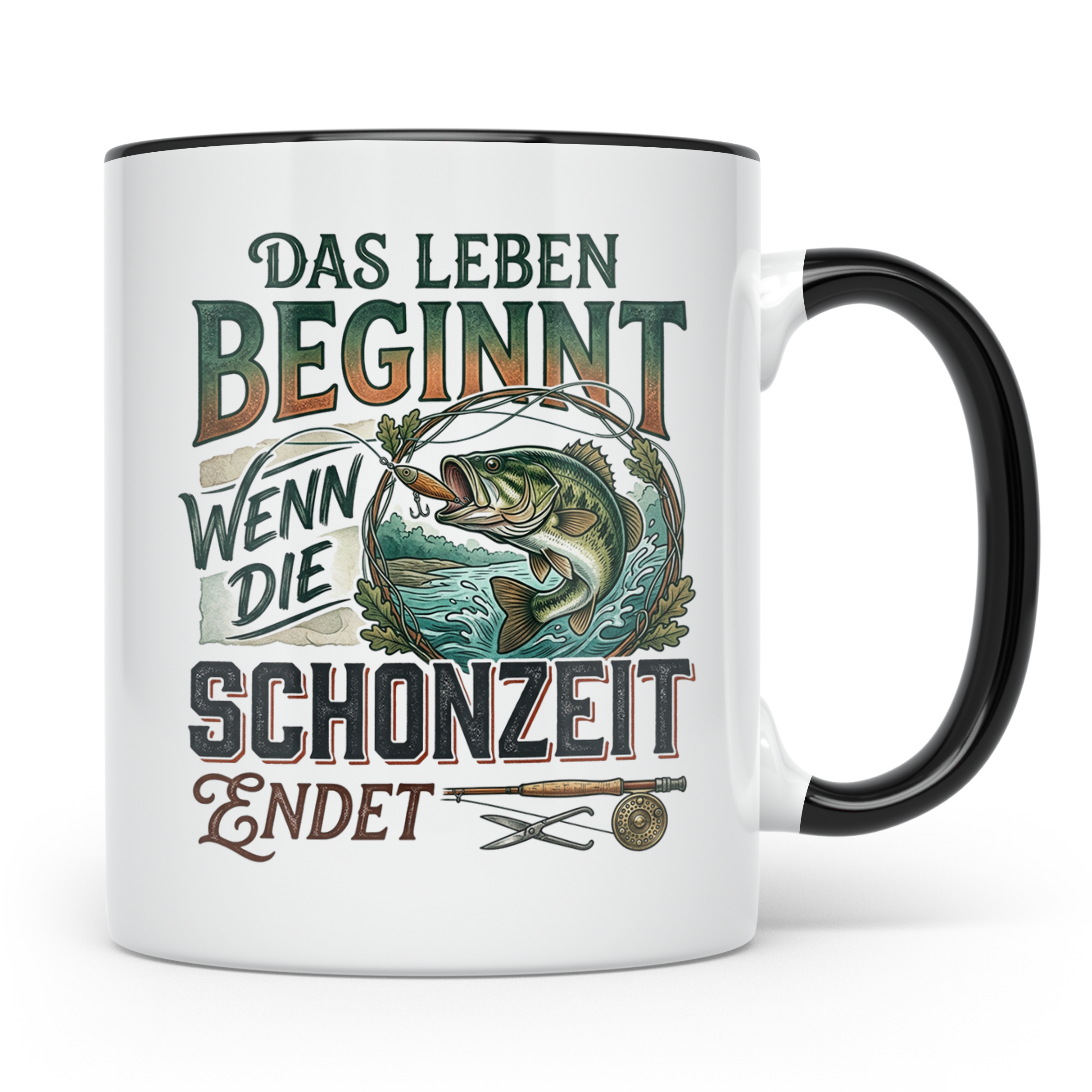 Angler Tasse Das Leben beginnt wenn Schonzeit endet | Fische – Schwarz [farbe:schwarz]