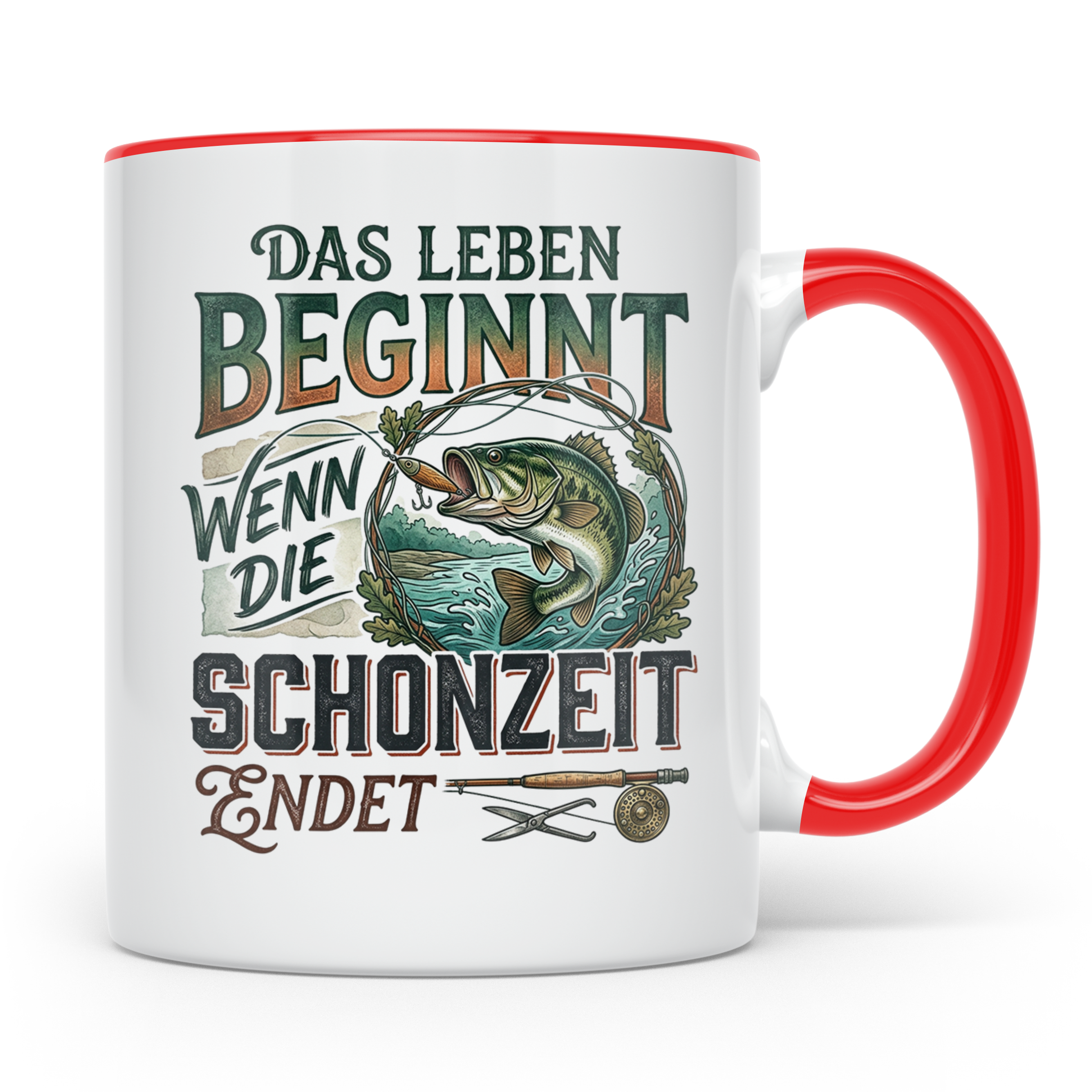 Angler Tasse Das Leben beginnt wenn Schonzeit endet | Fische – Rot [farbe:rot]