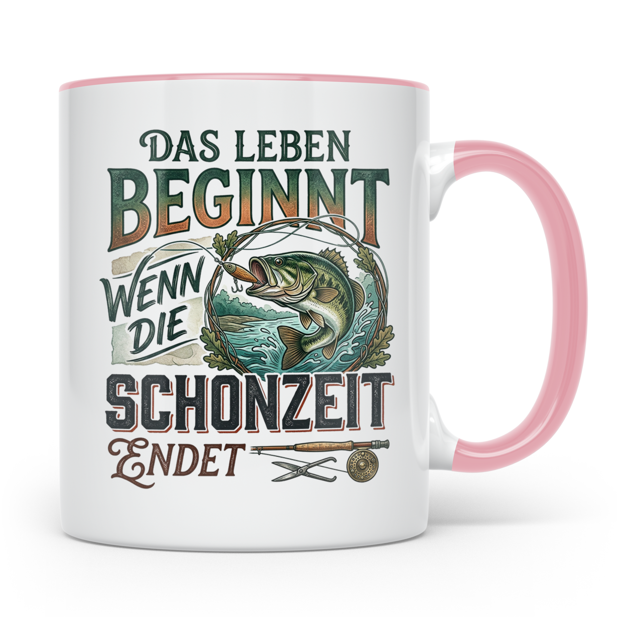 Angler Tasse Das Leben beginnt wenn Schonzeit endet | Fische – Rosa [farbe:rosa]
