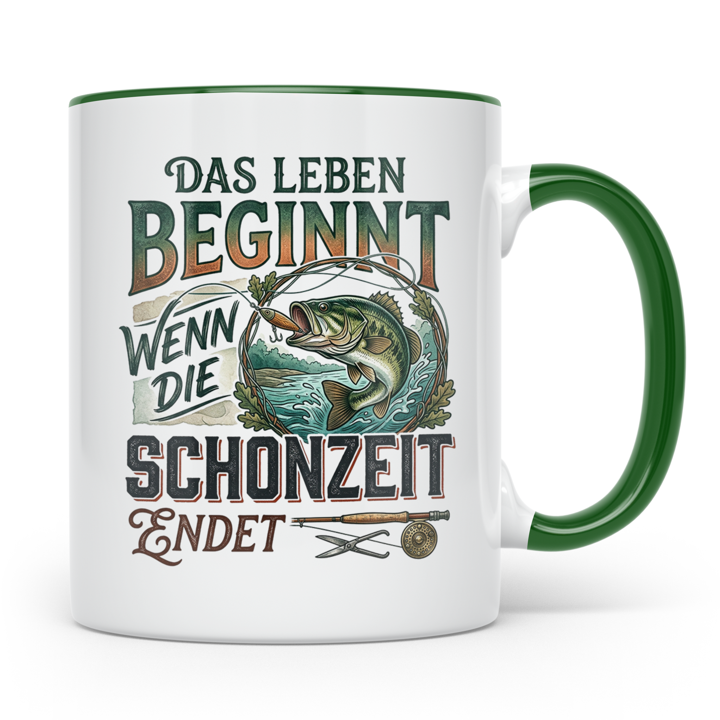 Angler Tasse Das Leben beginnt wenn Schonzeit endet | Fische – Grün [farbe:grün]
