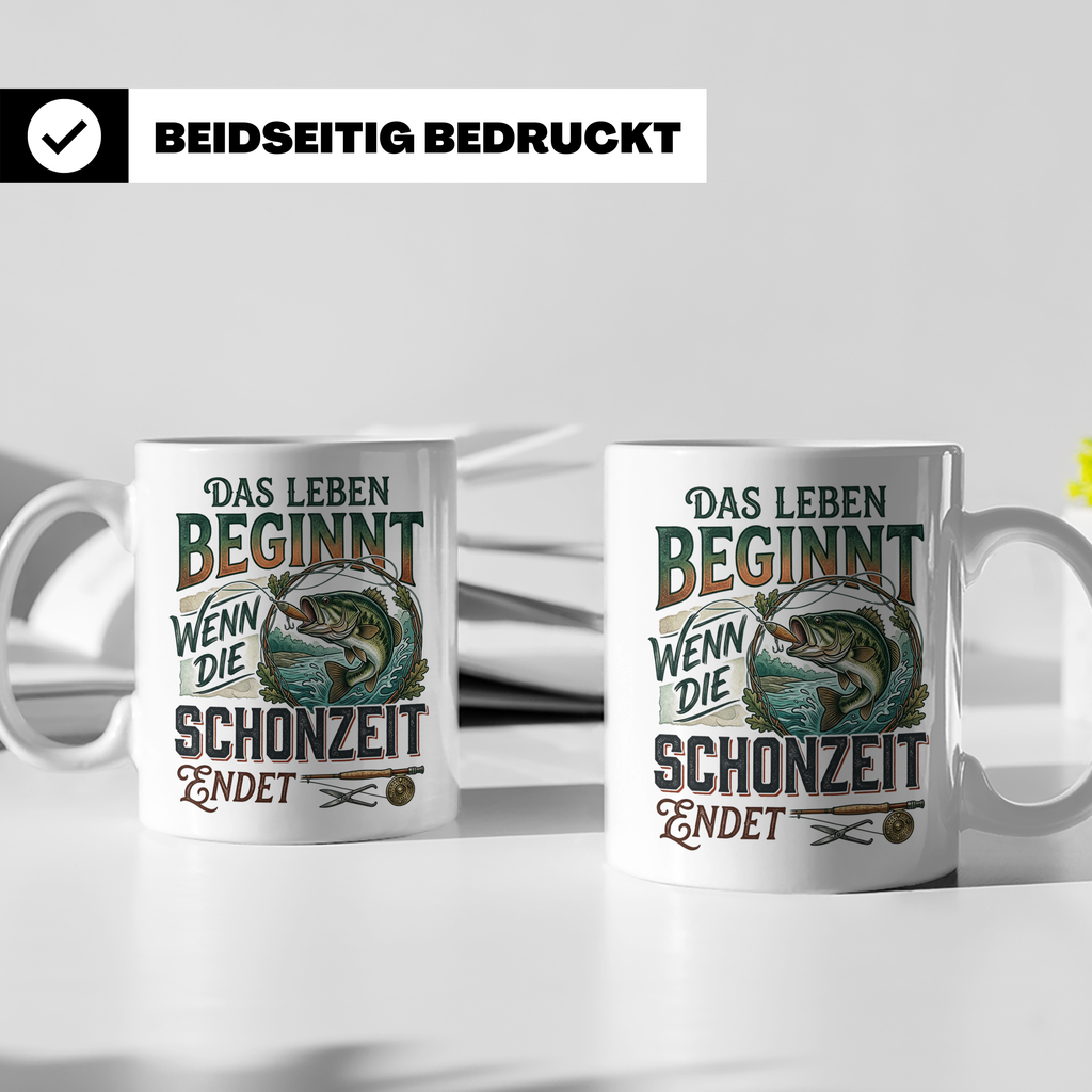 Angler Tasse Das Leben beginnt wenn Schonzeit endet | Fische – Weiß [farbe:weiß]