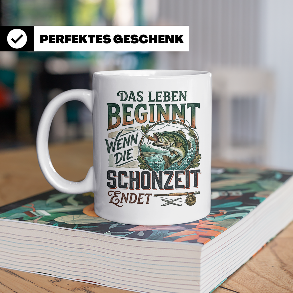 Angler Tasse Das Leben beginnt wenn Schonzeit endet | Fische – Weiß [farbe:weiß]