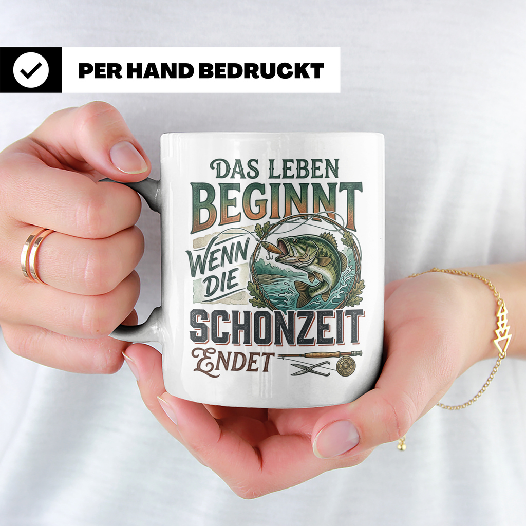 Angler Tasse Das Leben beginnt wenn Schonzeit endet | Fische – Weiß [farbe:weiß]