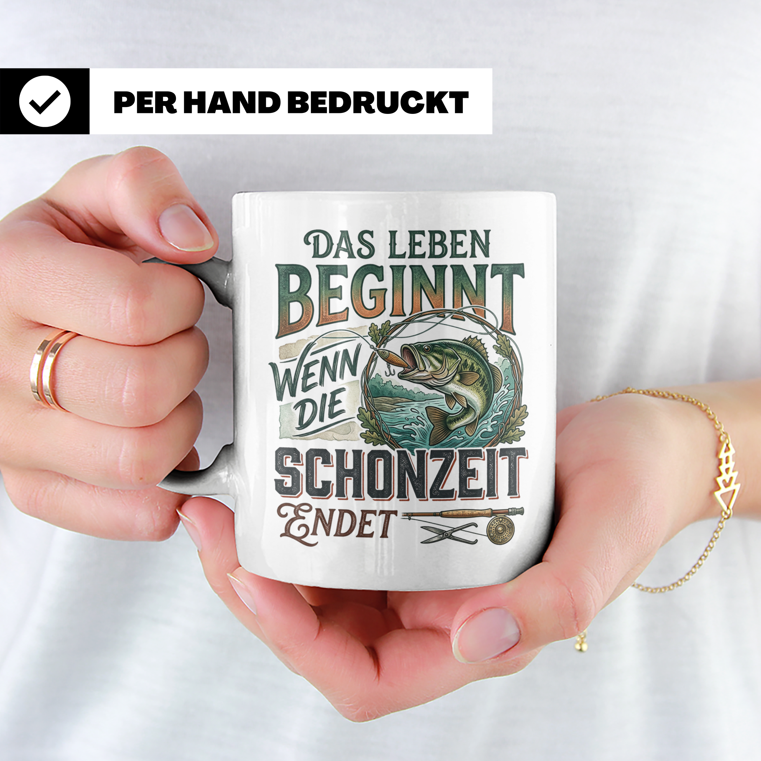 Angler Tasse Das Leben beginnt wenn Schonzeit endet | Fische – Weiß [farbe:weiß]