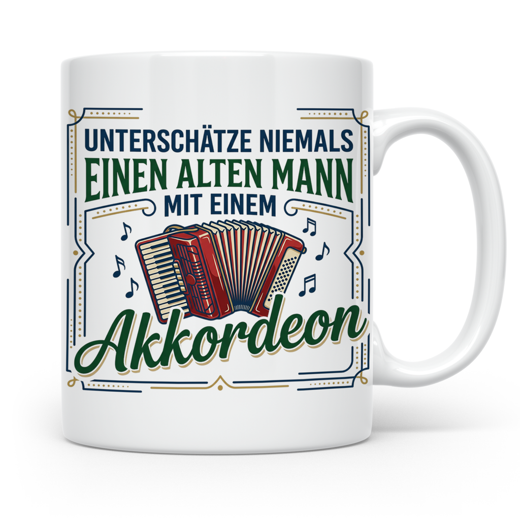 Akkordeon Tasse Alter Mann Spruch, Unterschätze niemals eine – Weiß [farbe:weiß]