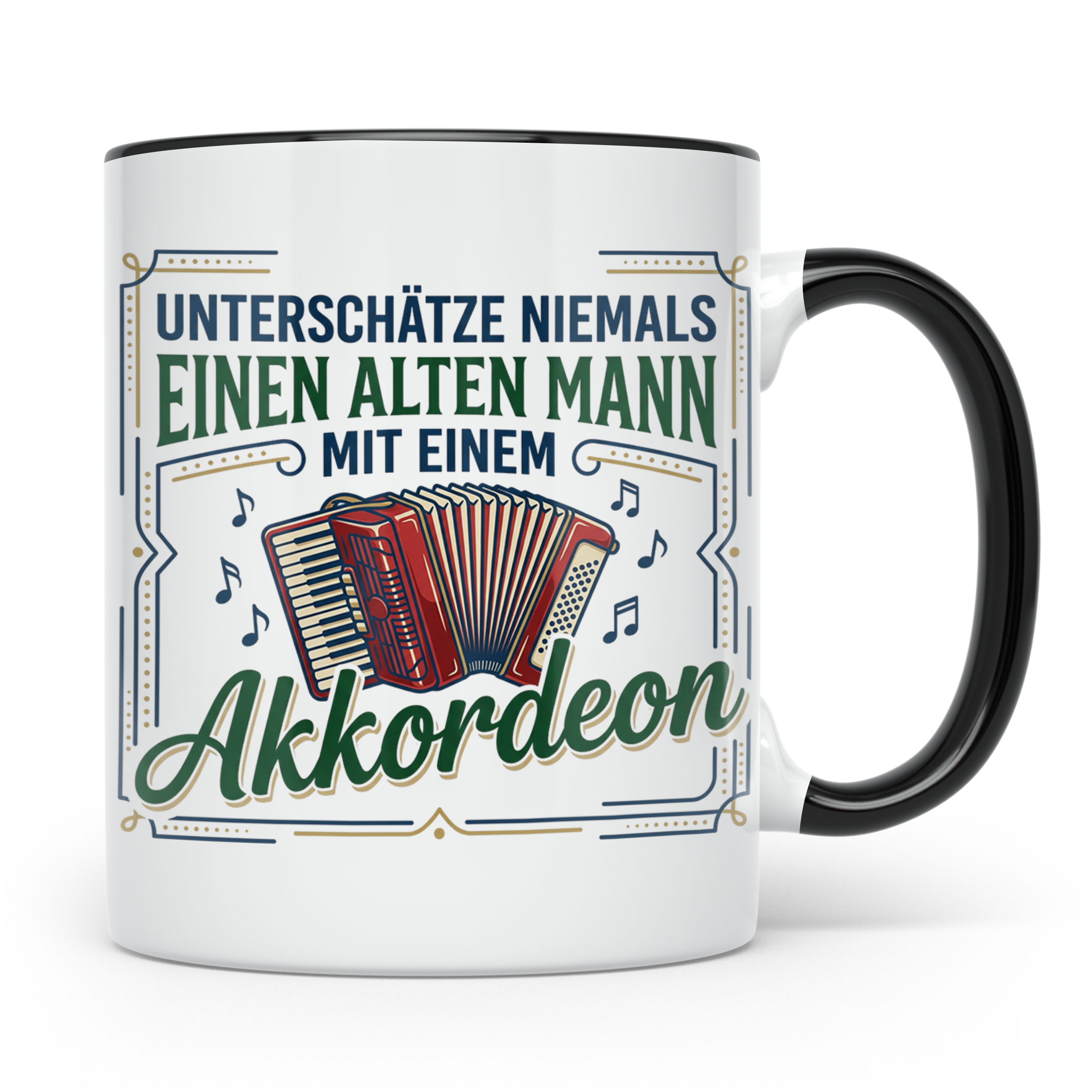 Akkordeon Tasse Alter Mann Spruch, Unterschätze niemals eine – Schwarz [farbe:schwarz]