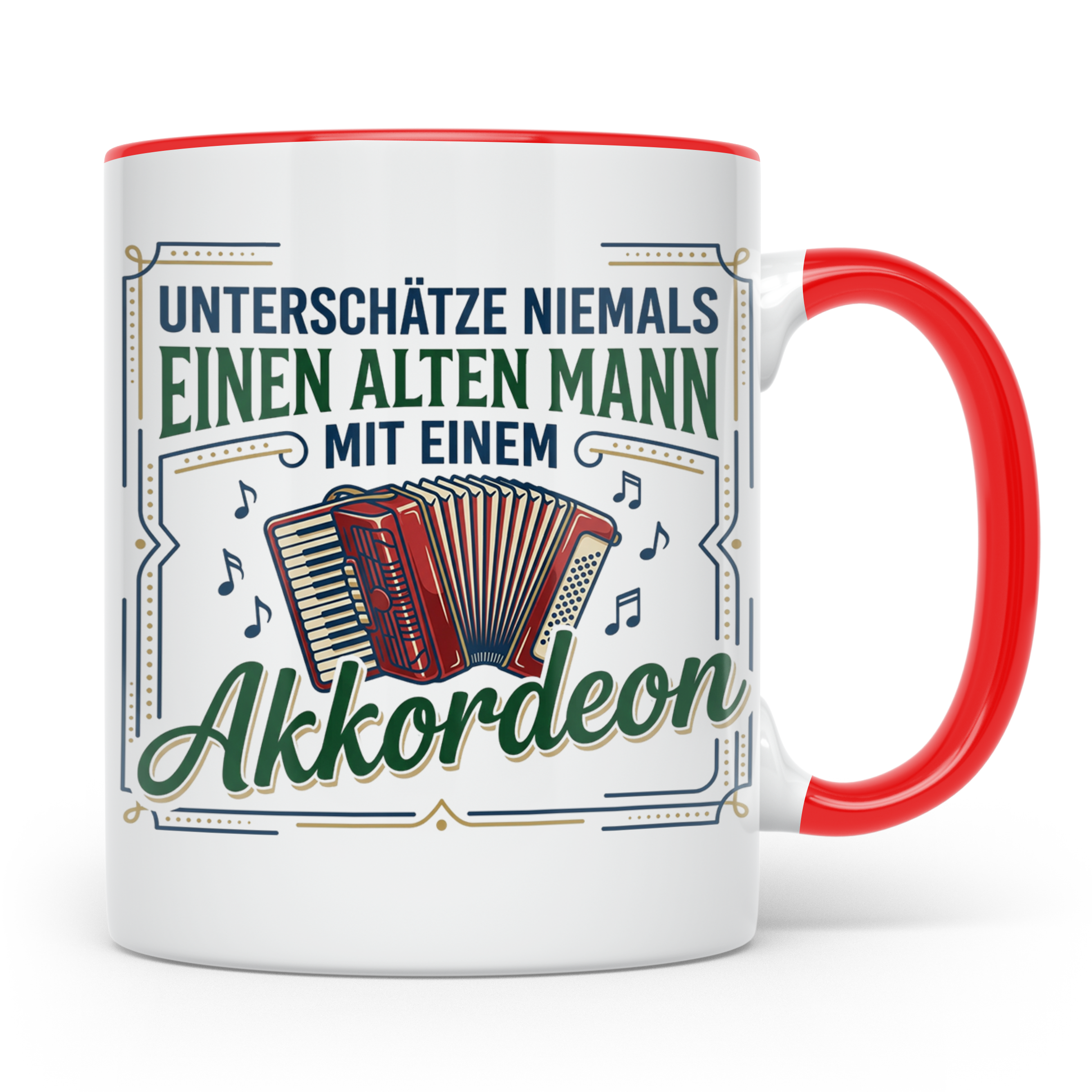 Akkordeon Tasse Alter Mann Spruch, Unterschätze niemals eine – Rot [farbe:rot]