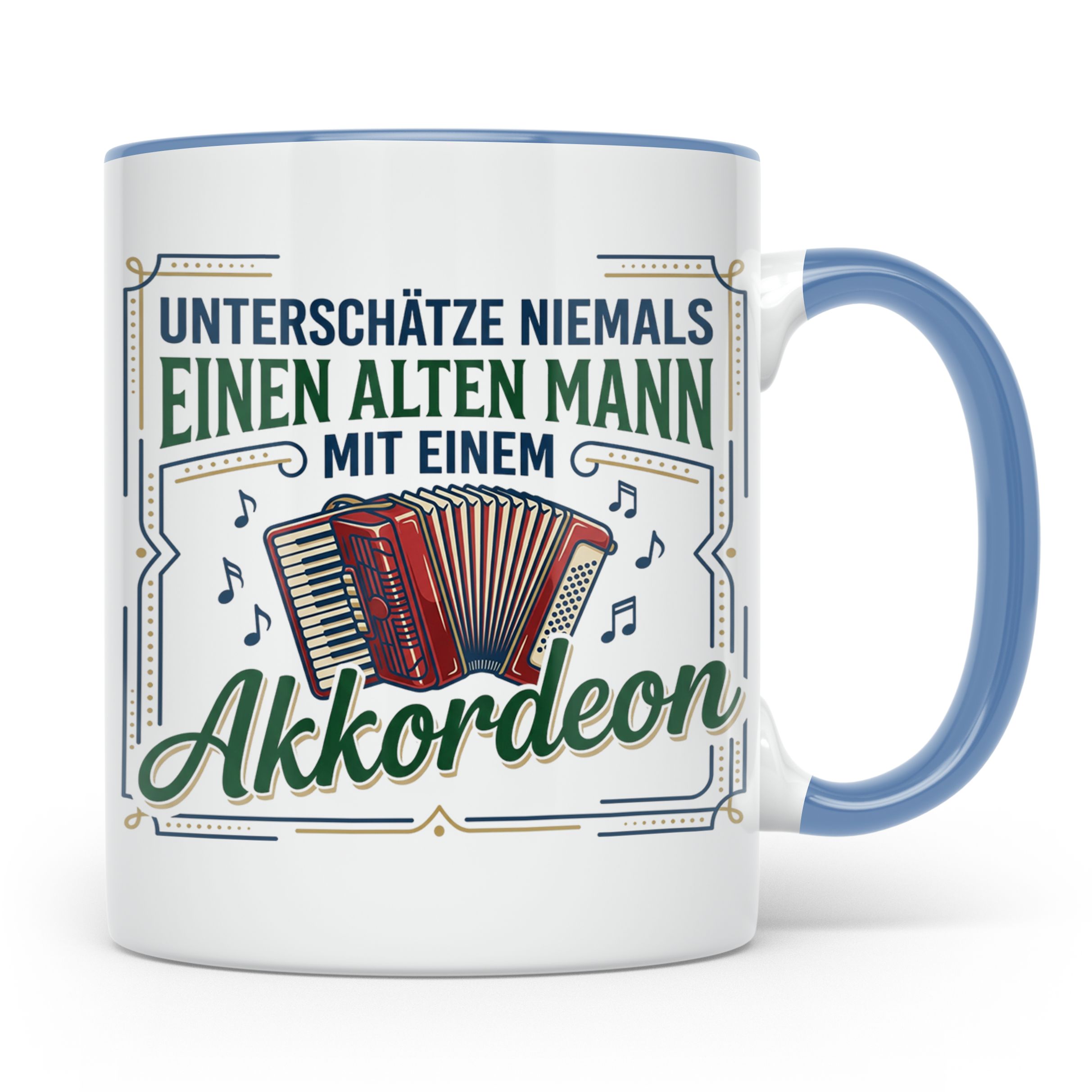 Akkordeon Tasse Alter Mann Spruch, Unterschätze niemals eine – Blau [farbe:blau]
