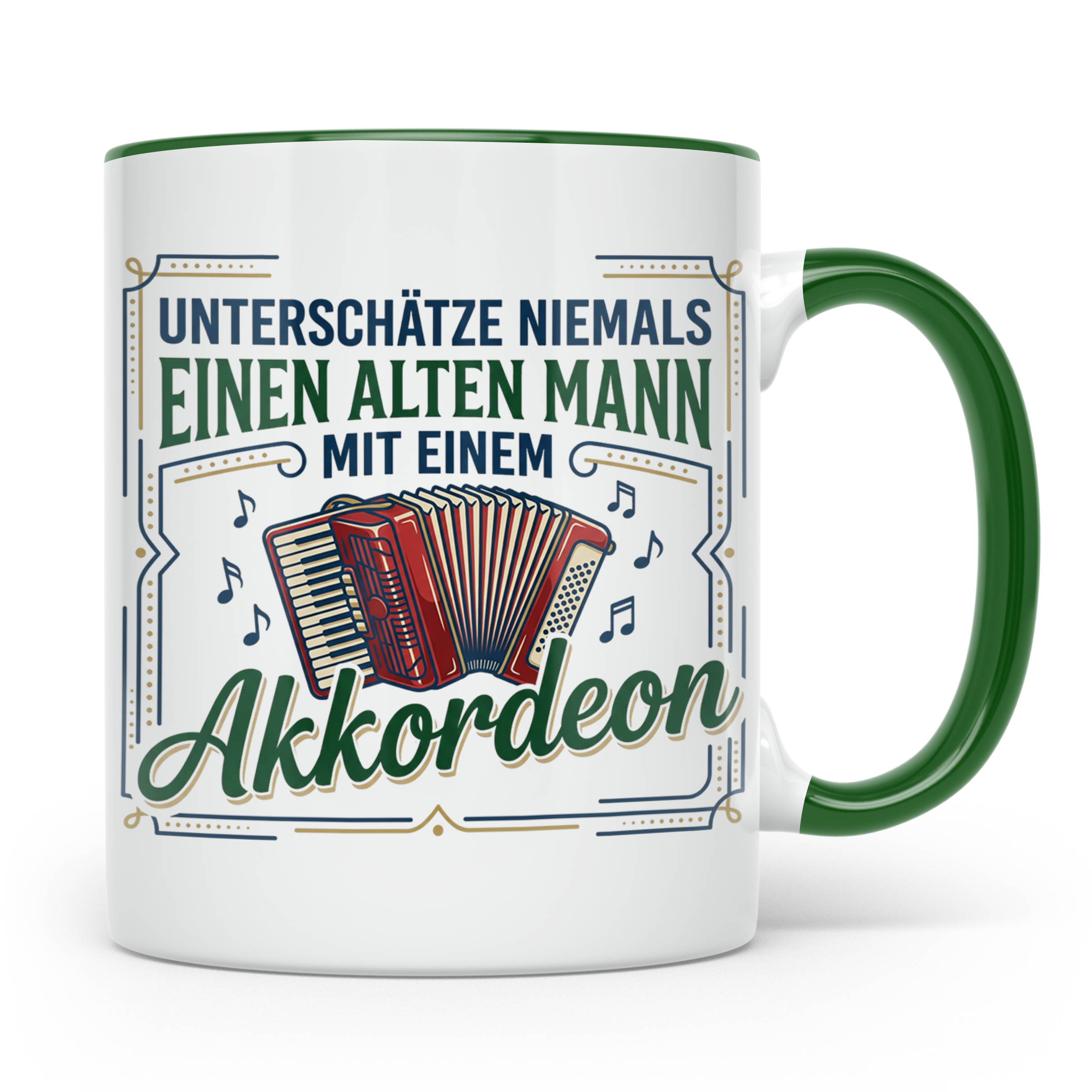 Akkordeon Tasse Alter Mann Spruch, Unterschätze niemals eine – Grün [farbe:grün]