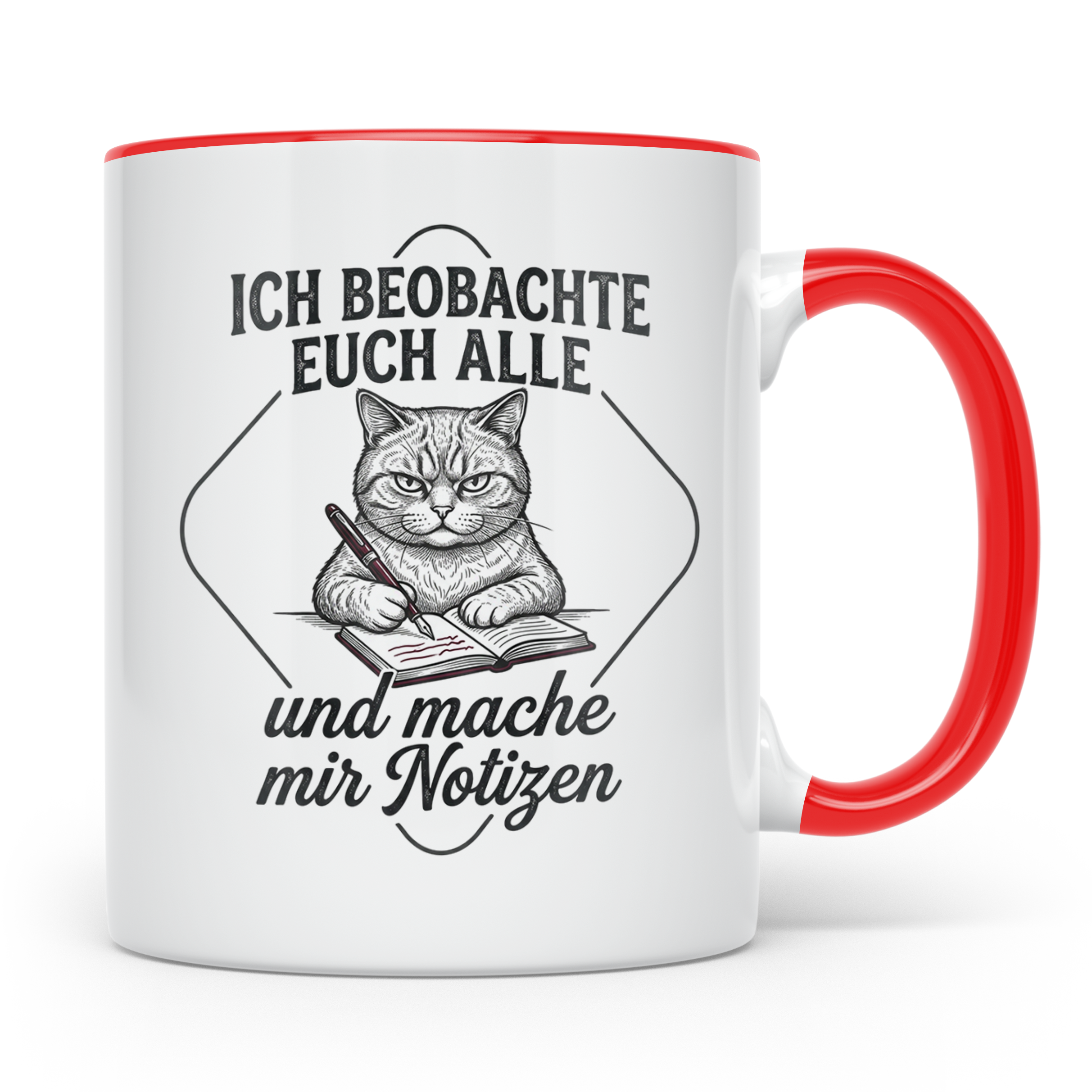 Katze Tasse mit Spruch Ich beobachte euch alle | Lustige Kaf – Rot [farbe:rot]