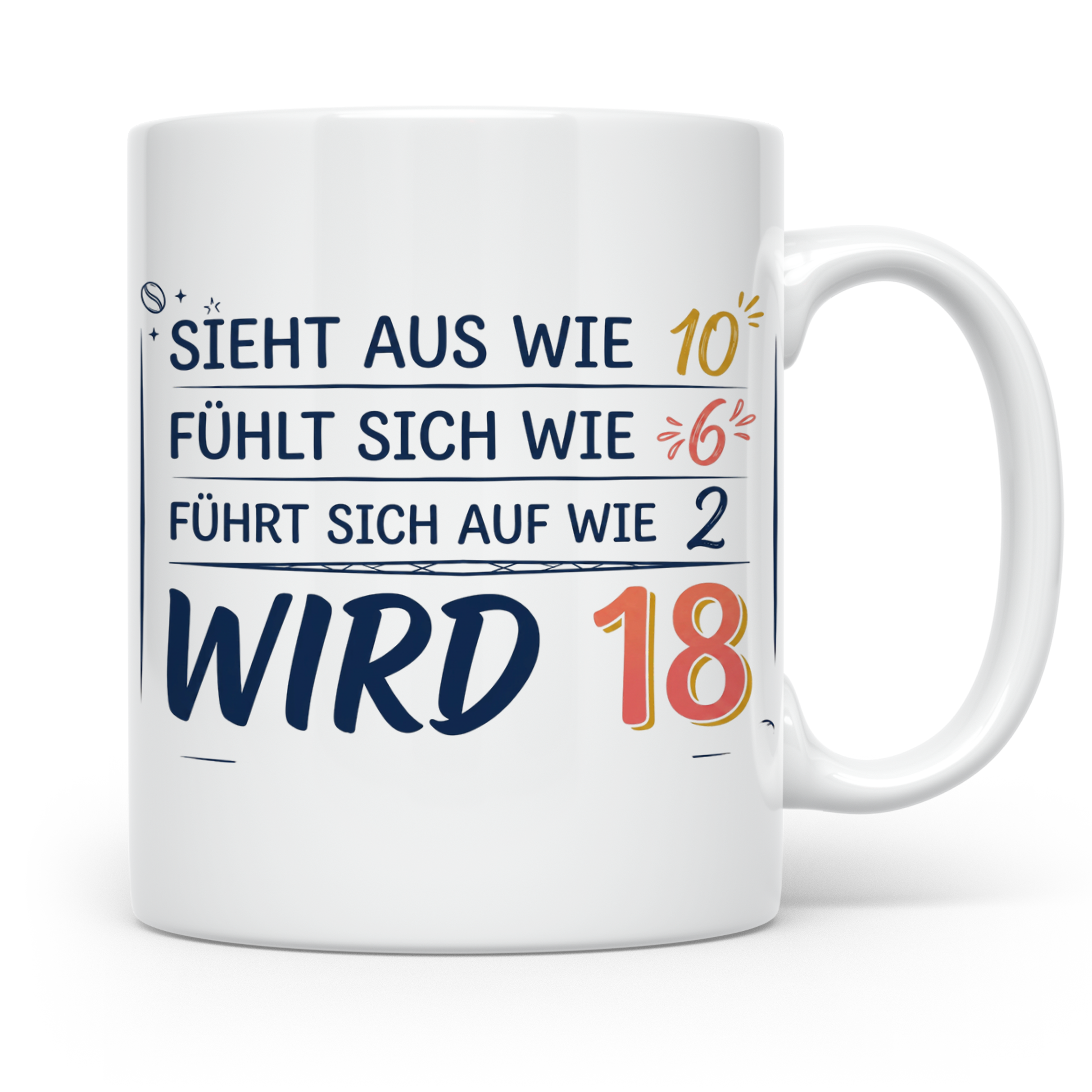 18. Geburtstag Tasse mit Spruch Sieht aus wie 10 wird 18, Lu – Weiß [farbe:weiß]