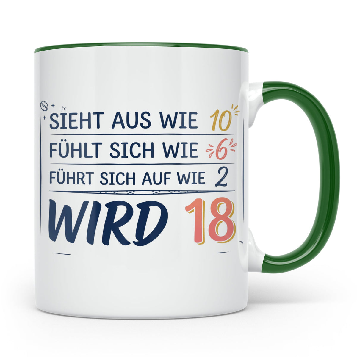 18. Geburtstag Tasse mit Spruch Sieht aus wie 10 wird 18, Lu – Grün [farbe:grün]