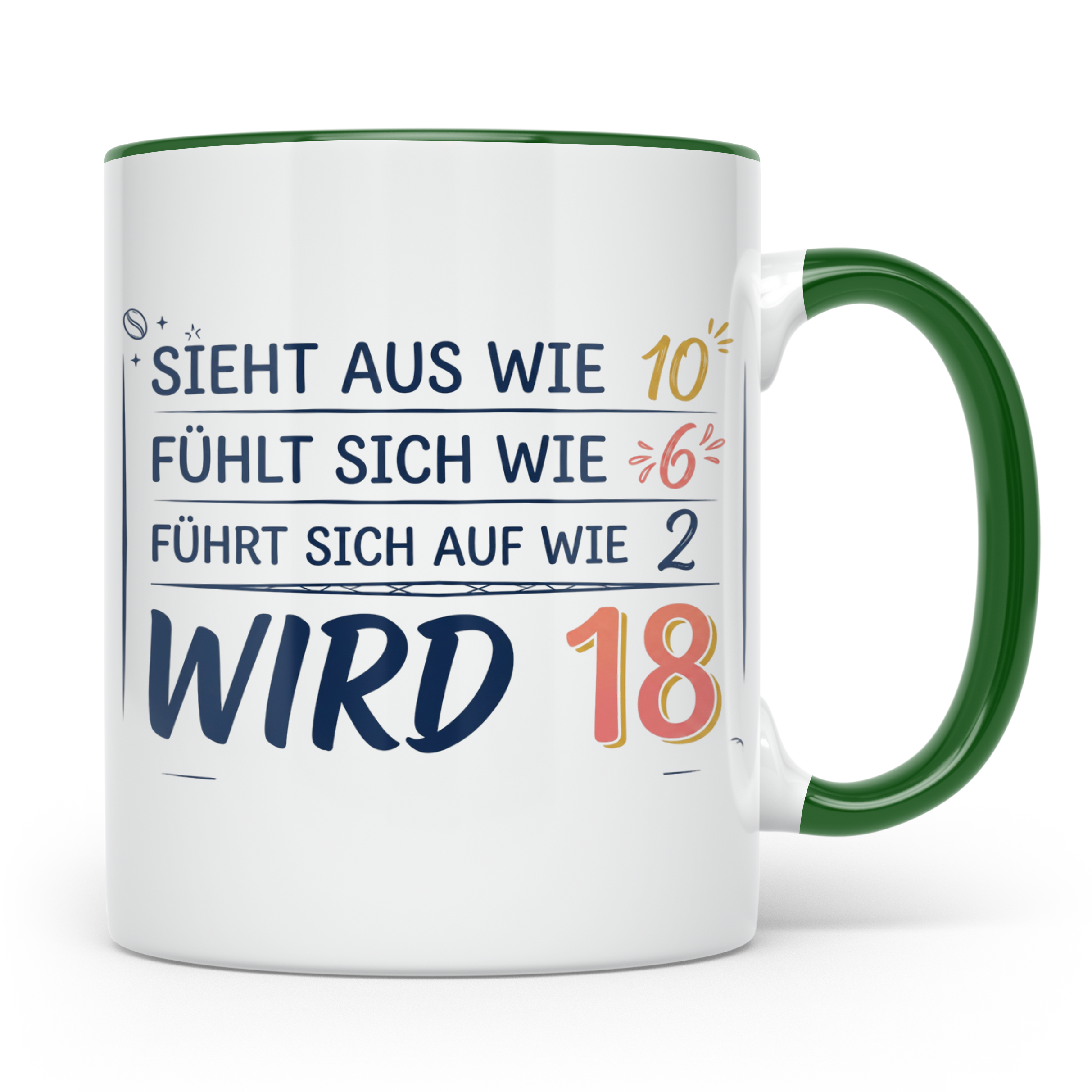 18. Geburtstag Tasse mit Spruch Sieht aus wie 10 wird 18, Lu – Grün [farbe:grün]