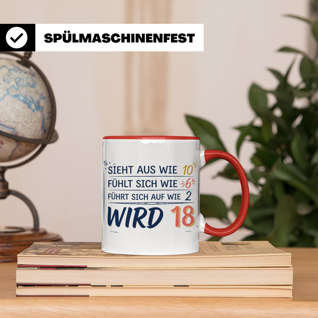 18. Geburtstag Tasse mit Spruch Sieht aus wie 10 wird 18, Lu – Rot [farbe:rot]