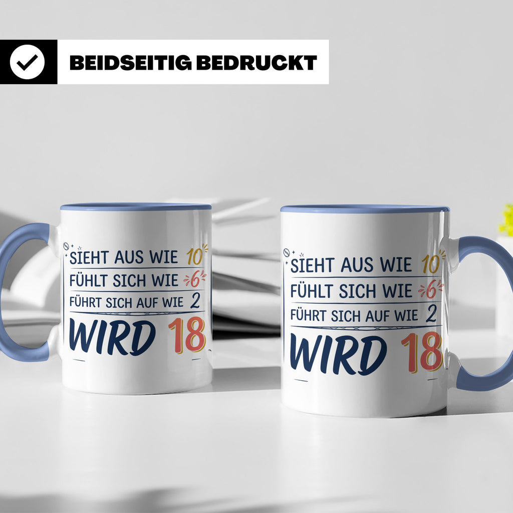18. Geburtstag Tasse mit Spruch Sieht aus wie 10 wird 18, Lu – Blau [farbe:blau]