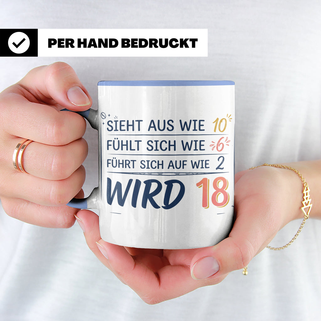 18. Geburtstag Tasse mit Spruch Sieht aus wie 10 wird 18, Lu – Blau [farbe:blau]