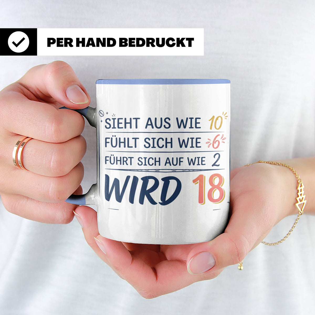 18. Geburtstag Tasse mit Spruch Sieht aus wie 10 wird 18, Lu – Blau [farbe:blau]
