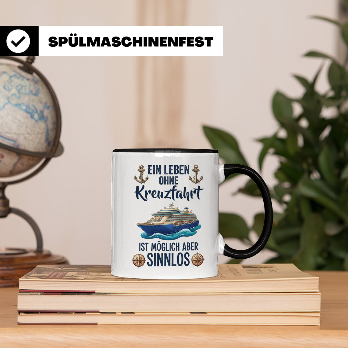 Kreuzfahrt Tasse mit Spruch Leben ohne Kreuzfahrt sinnlos, G – Schwarz [farbe:schwarz]