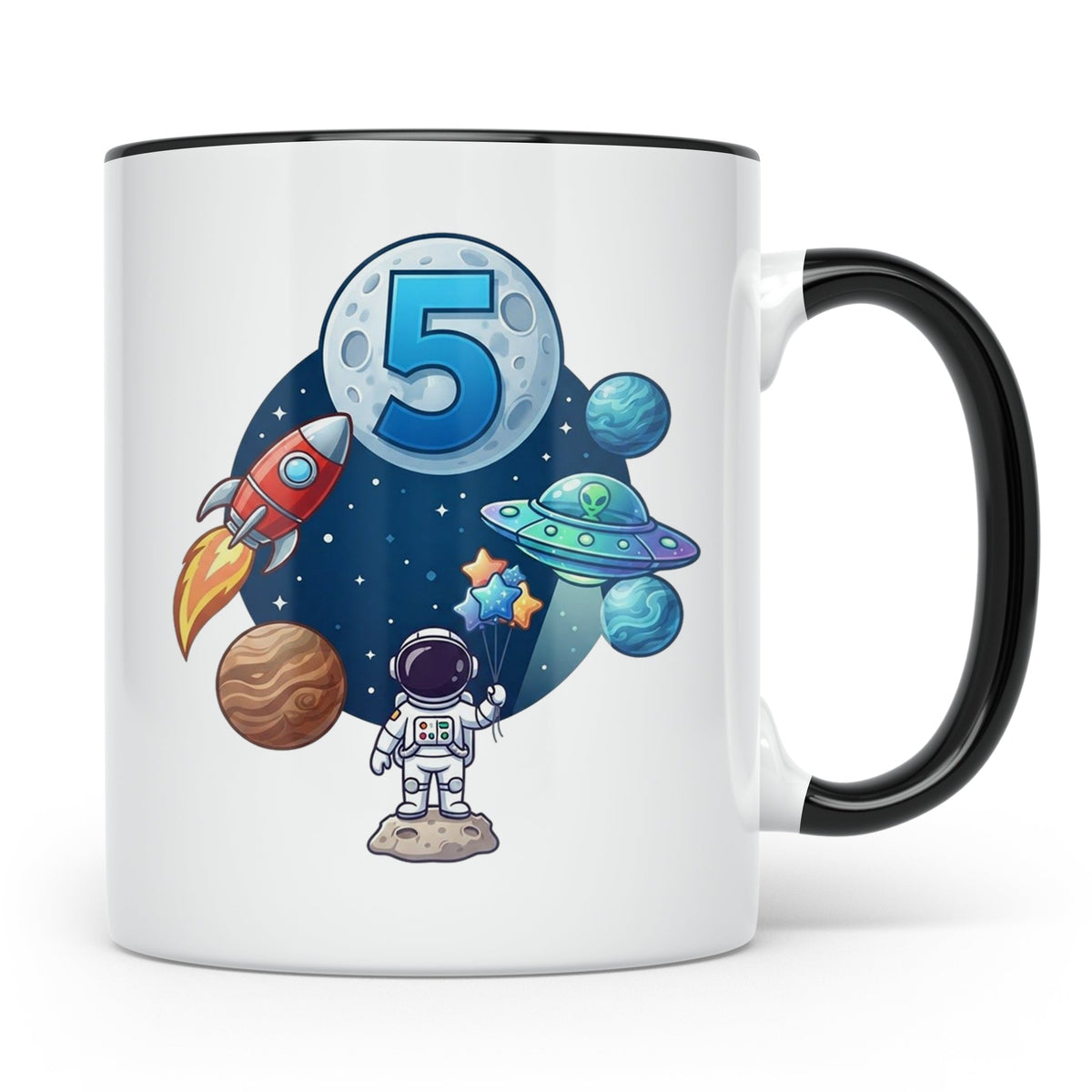 5. Geburtstag Tasse Junge mit Astronaut & Rakete, Weltraum G – Schwarz [farbe:schwarz]