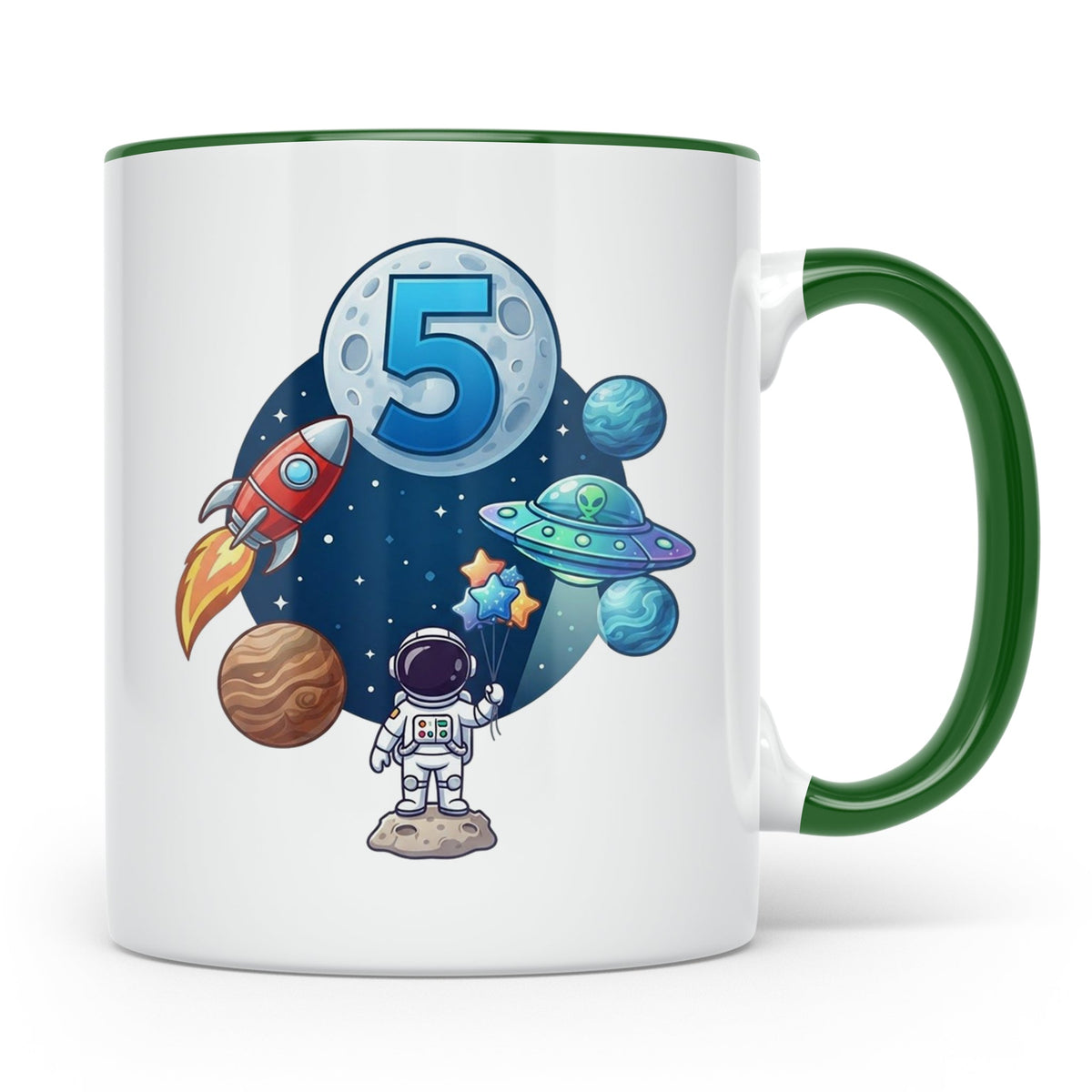 5. Geburtstag Tasse Junge mit Astronaut & Rakete, Weltraum G – Grün [farbe:grün]